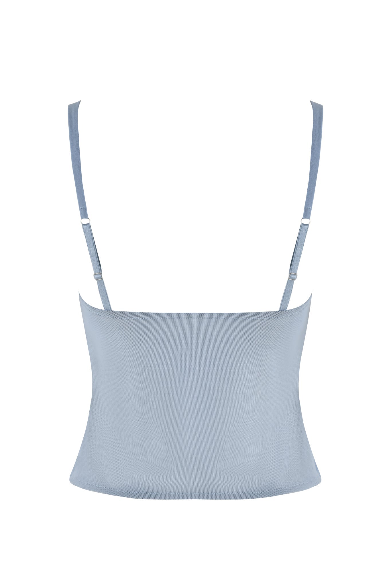 The QUEENIE TOP - BLUE in steel blue by I.AM.GIA is showcased against a white background. This bustier-style crop top with adjustable spaghetti straps boasts a bodycon fit and smooth texture, featuring a minimalist design with subtle ruched paneling for added flair.