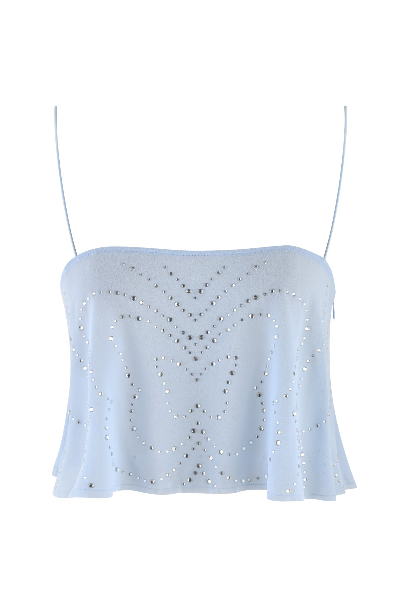 The MINA TOP - BLUE by I.AM.GIA features a strapless baby blue design with a flared hem and thin straps, made from semi-sheer georgette embellished with butterfly diamante and symmetrical silver studs on a plain white background.