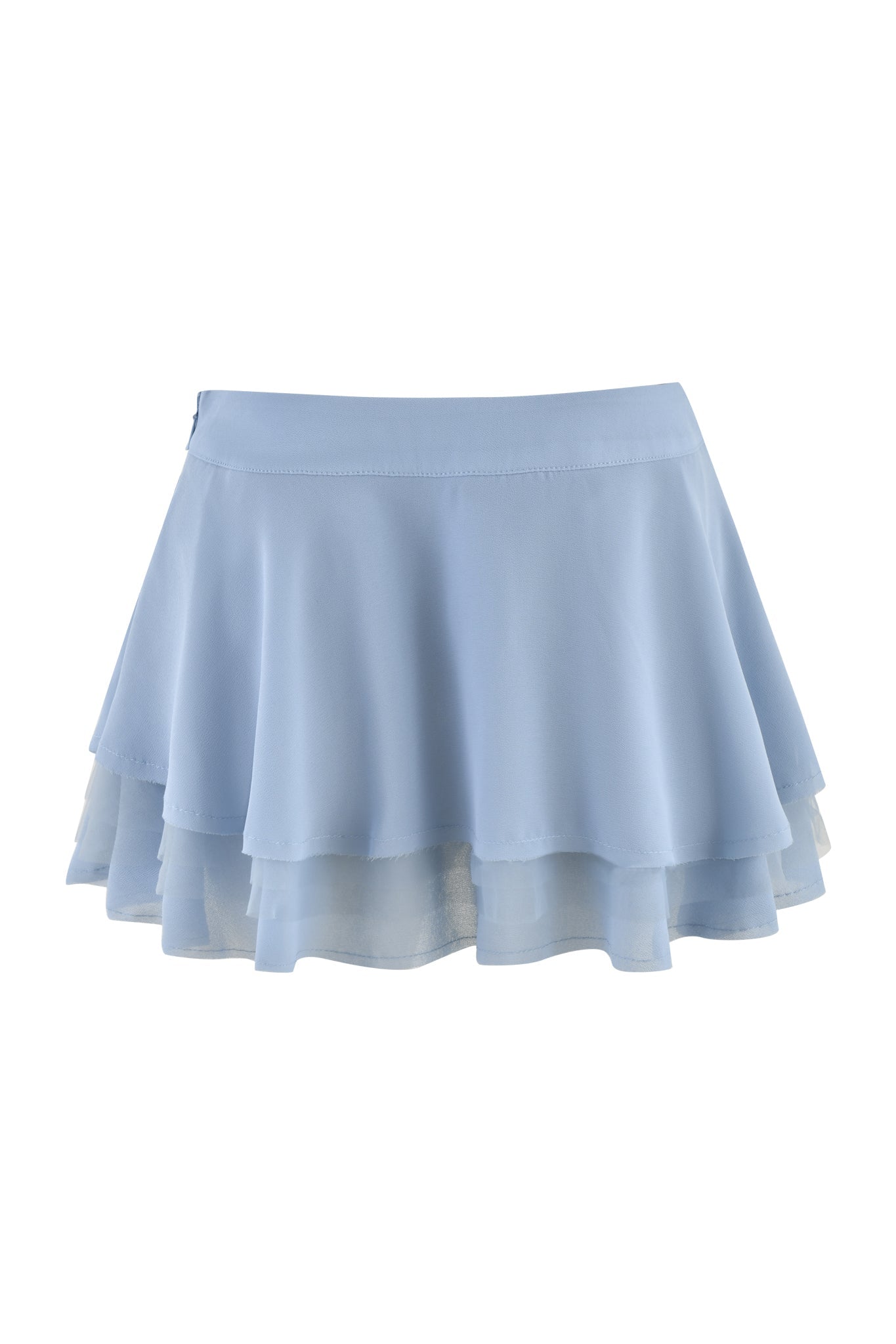 Product Description: The QUEENIE MINI SKIRT by I.AM.GIA, in a steel blue shade, features a light georgette fabric with a flared and flowy design in a micro mini length, set against a white background.