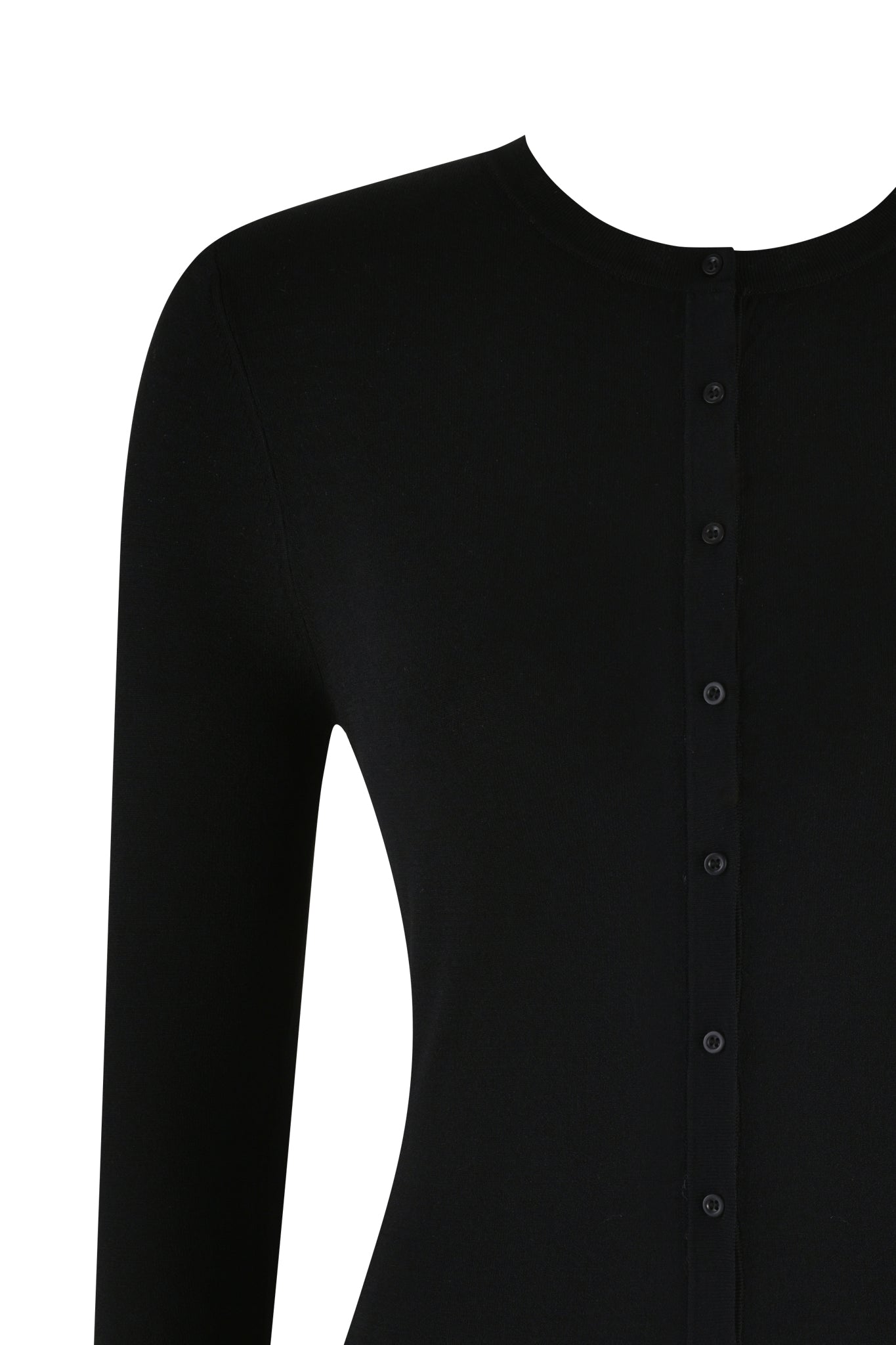 Close-up of the I.AM.GIA AUDRINA CARDIGAN 2.0 - BLACK, a cropped design featuring long sleeves and a round neckline. The knit button-down front offers a sleek, minimalistic look against a white background.