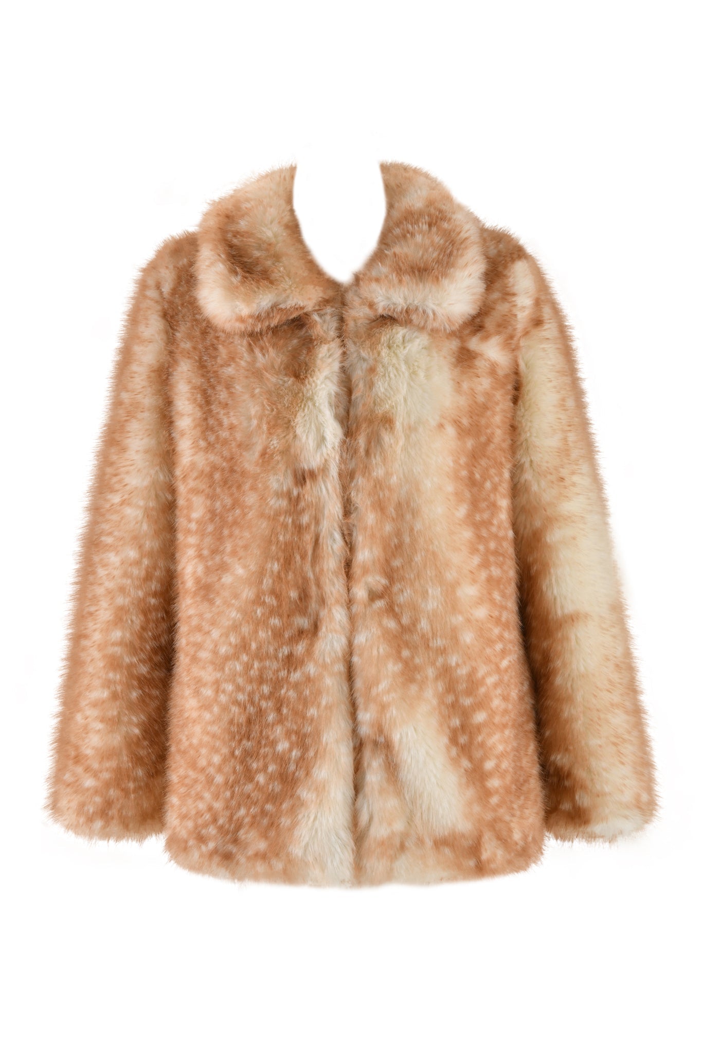 Introducing the BAMBI FUR COAT - NEUTRAL by I.AM.GIA: a luxurious faux fur coat in light brown and cream, featuring an elegant collar and a charming bambi deer print. Its soft, fluffy texture is adorned with a subtle pattern of small spots, giving this relaxed-fit jacket a cozy yet sophisticated feel, making it ideal for cold weather.
