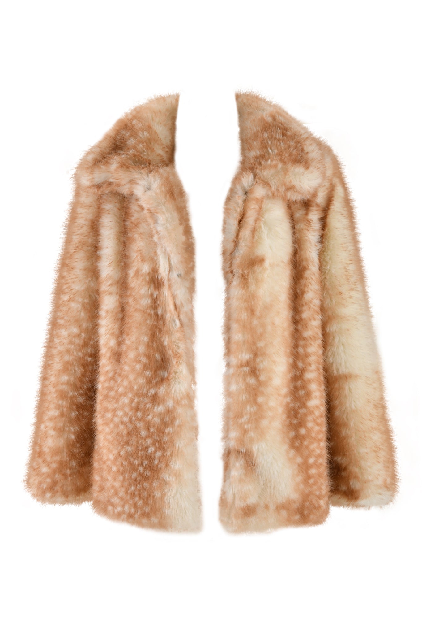 The BAMBI FUR COAT - NEUTRAL : BAMBI by I.AM.GIA is showcased against a white backdrop, featuring a lavish fur-textured design with a natural brown and beige bambi deer print. This faux fur coat exudes elegance and softness, gracefully draping from the shoulders in a relaxed fit.