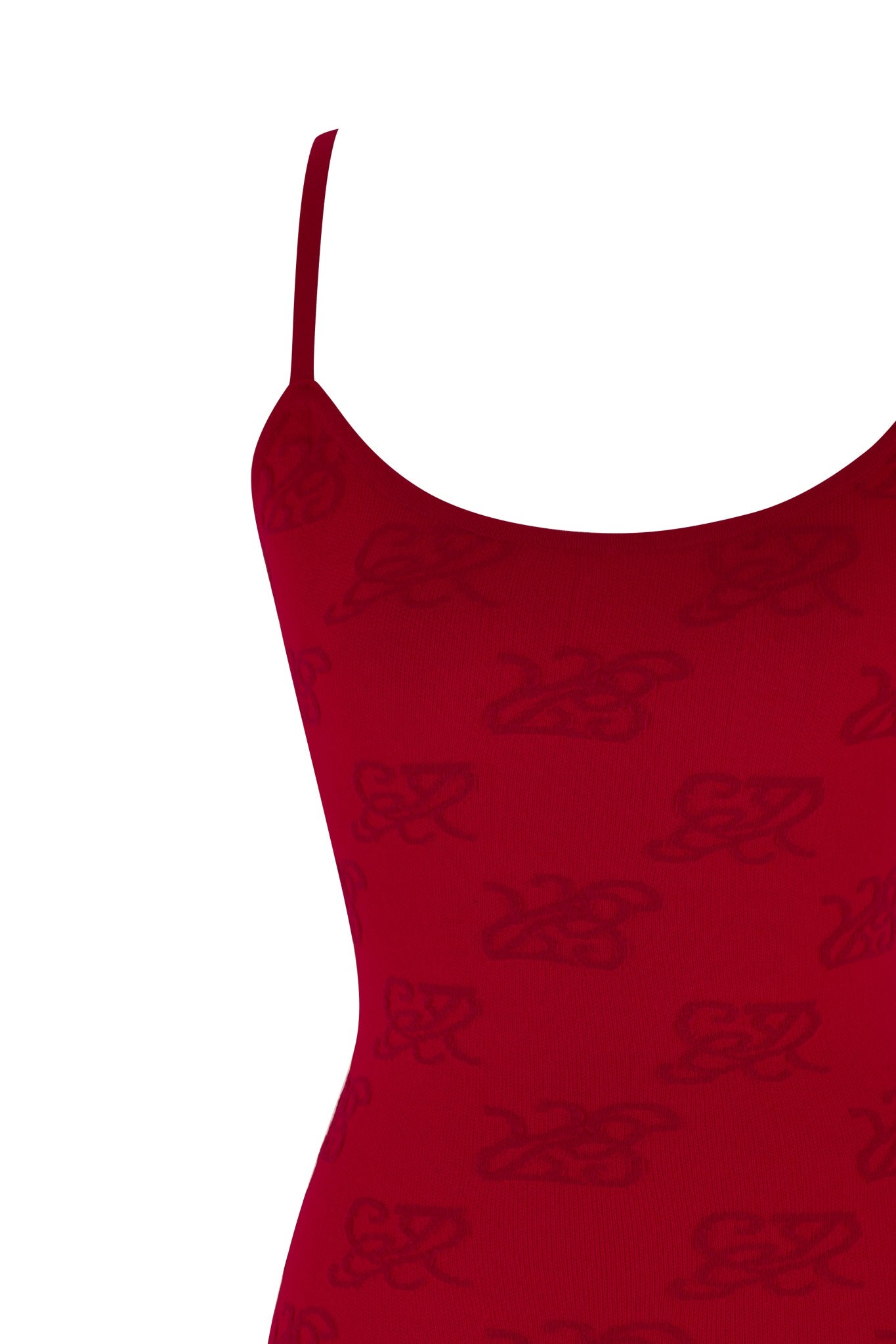A close-up of the IVY MINI DRESS - RED : BURGUNDY by I.AM.GIA showcases its thin straps and a delicate butterfly pattern intricately woven into the fabric. The burgundy color enhances its depth, echoing the sleek elegance typical of a bodycon fit. The plain white background accentuates its charm and style.