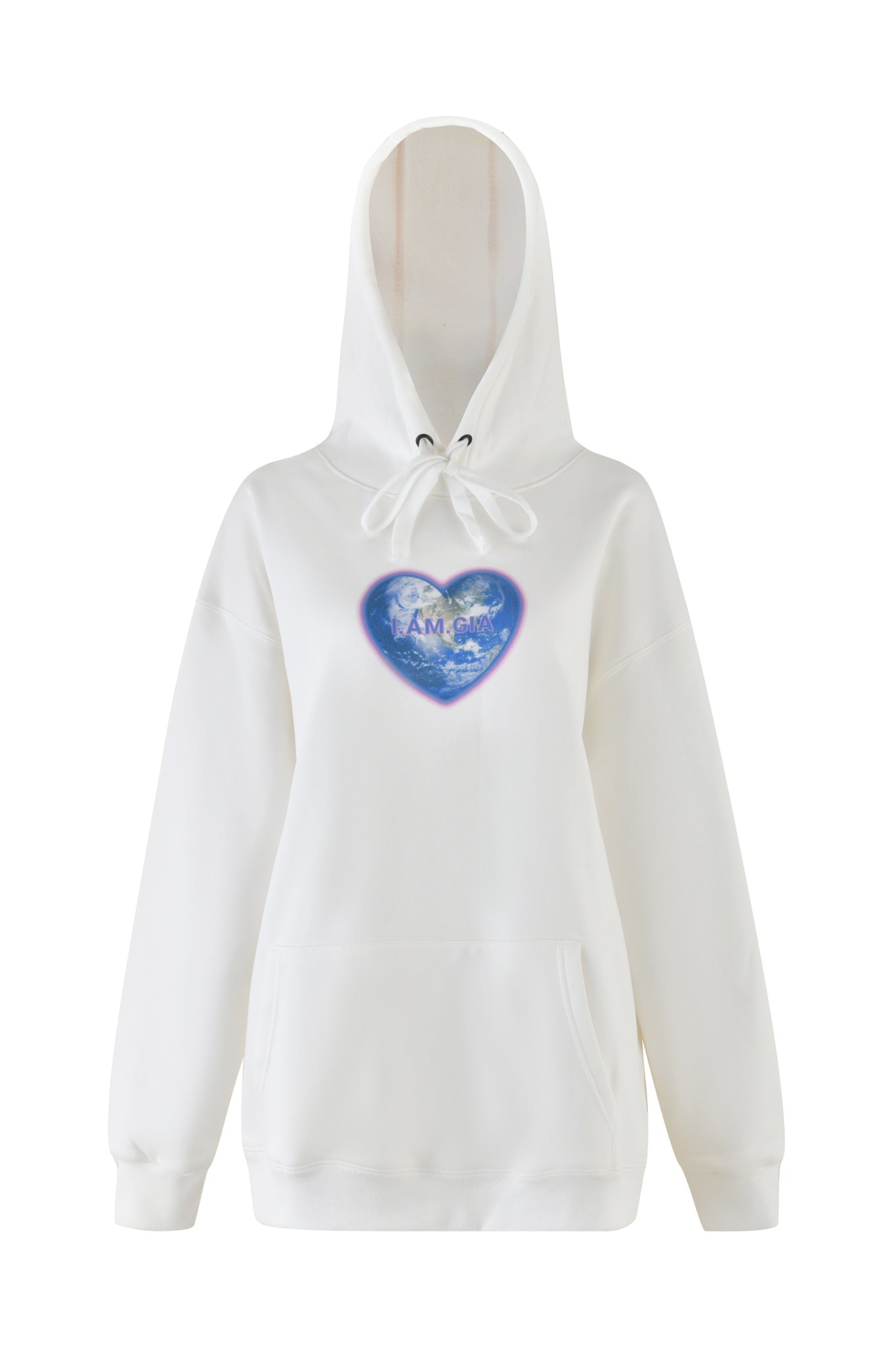 The I.AM.GIA HARMONY HOODIE - WHITE is a sweatshirt with a front pocket, drawstring hood, and features a bold blue heart graphic saying "I AM SOUR" at its center.