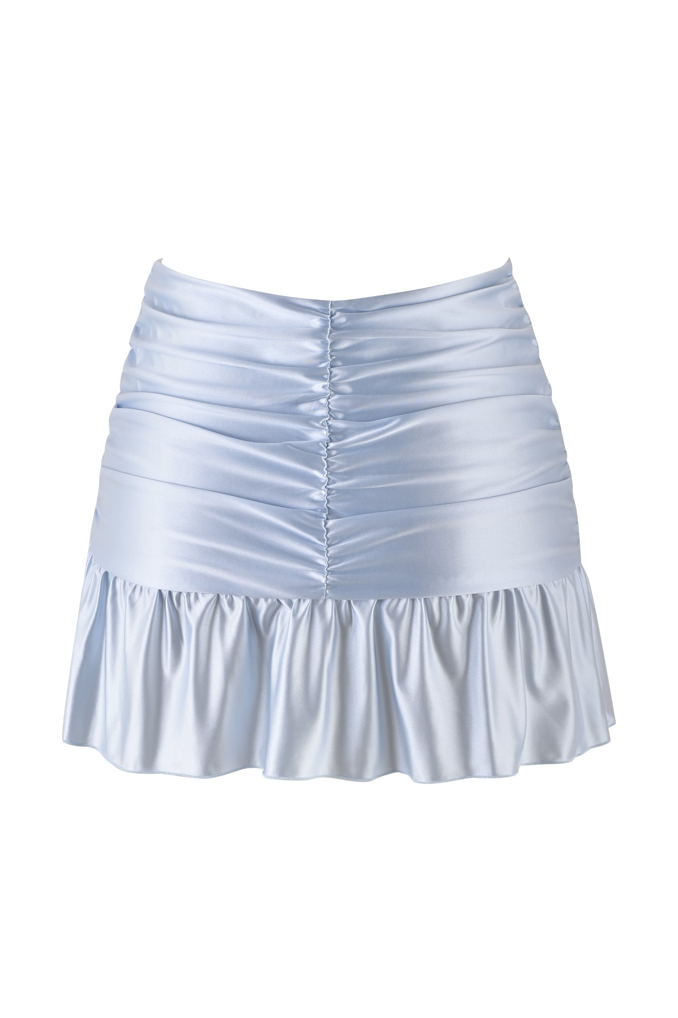 The ELYSIA MINI SKIRT - BLUE from I.AM.GIA is a baby blue slinky mini skirt featuring a ruched waist, a shiny satin knit, and a ruffled hem.