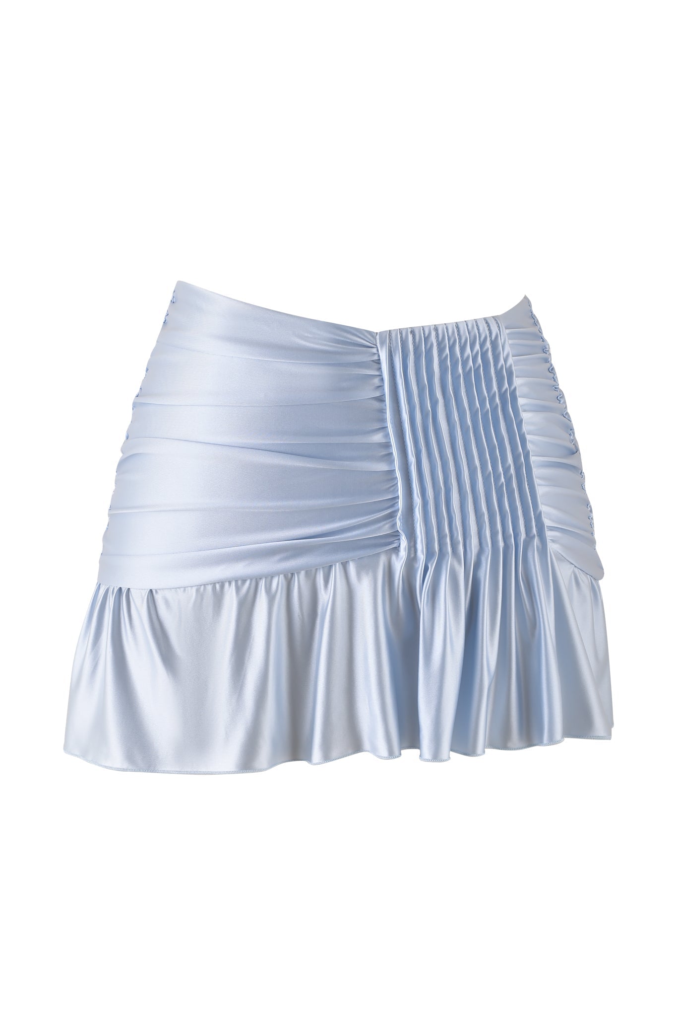 Introducing the ELYSIA MINI SKIRT in Baby Blue by I.AM.GIA. This light blue mini skirt features a micro pleated panel with a ruched design, crafted from shiny satin knit fabric that boasts a wavy texture at the bottom hem for an eye-catching appearance. Displayed against a plain white background, it exudes effortless style.