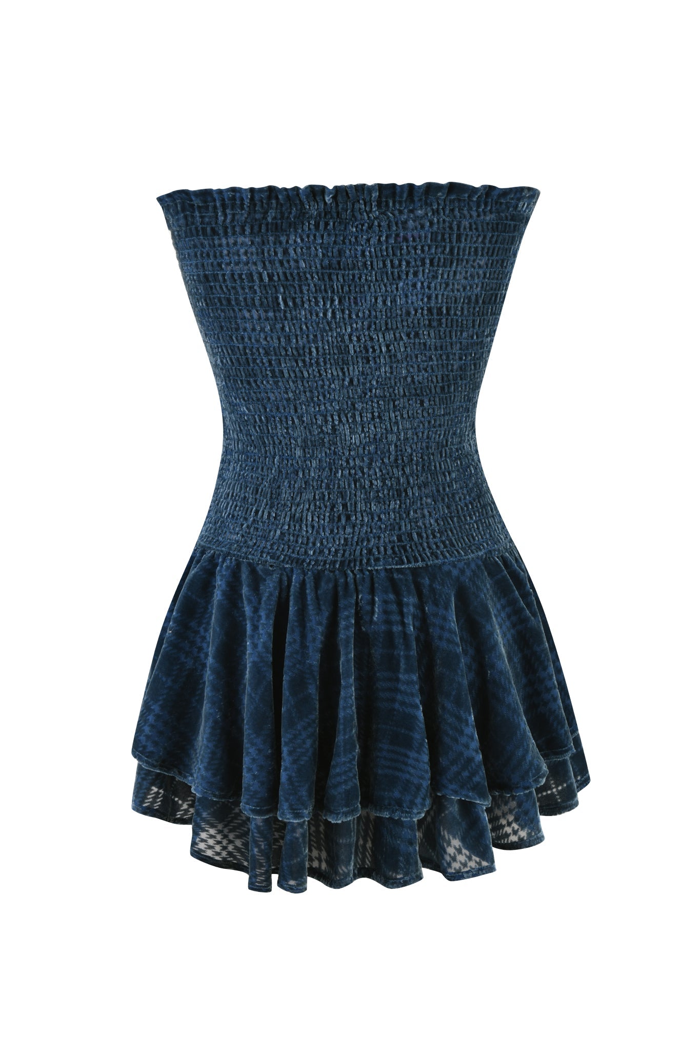 The JOSIE MINI DRESS - BLUE by I.AM.GIA is a strapless mini dress featuring a ruched bodice and layered flared skirt with a soft, slightly crinkled texture. A subtle tie-dye pattern adds unique flair, giving it both casual and elegant vibes.