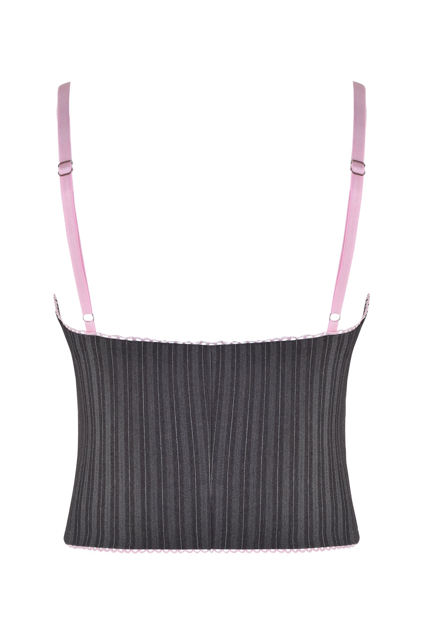 The I.AM.GIA FLORIAN CORSET in grey pinstripe showcases a sweetheart neckline, delicate light pink adjustable straps, and scalloped trim along the top and bottom, presented against a white background.