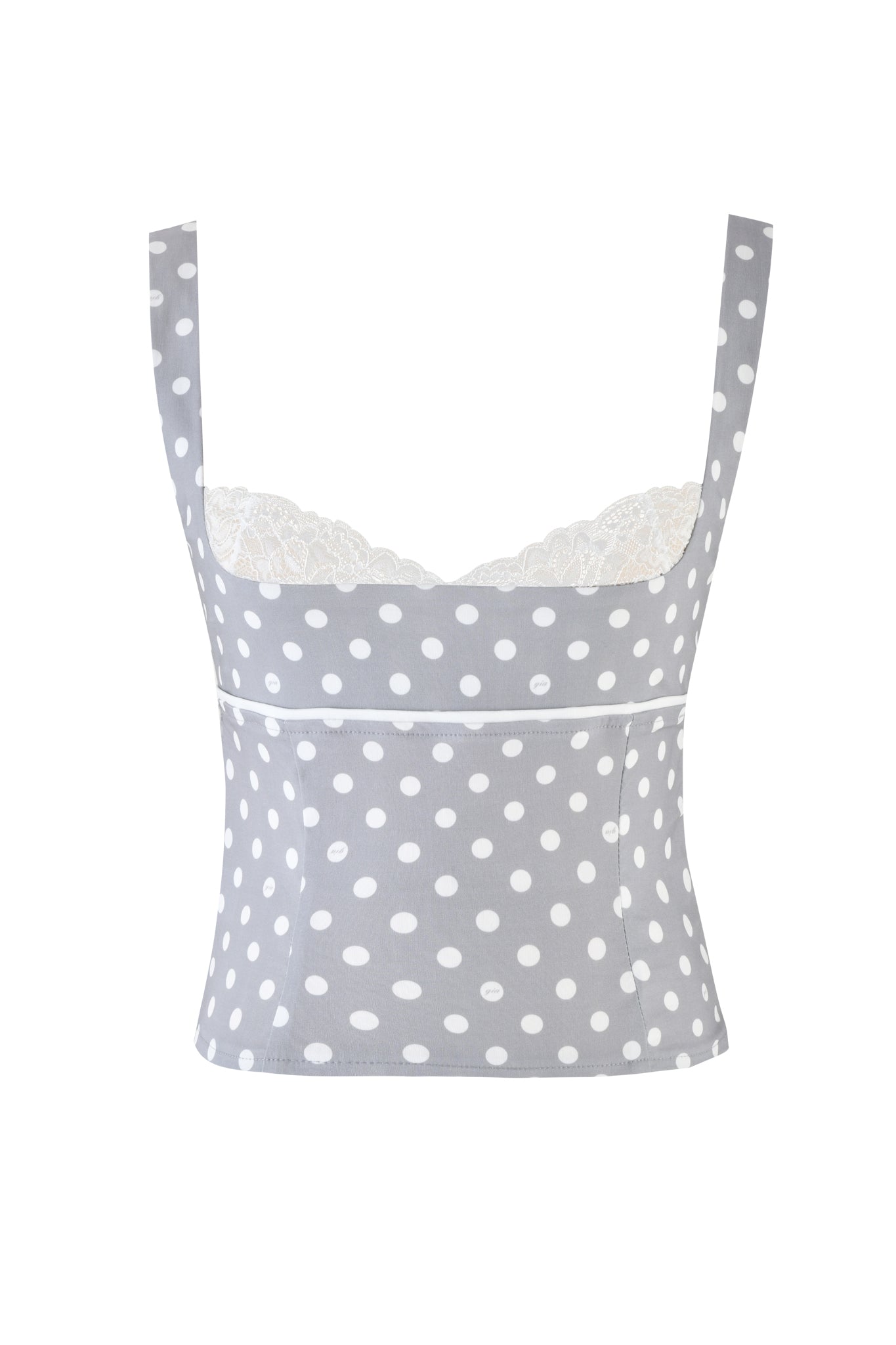 The MELDA TOP - GREY by I.AM.GIA is a tailored gray sleeveless top with white polka dots and lace trim on the neckline, shown against a white background.