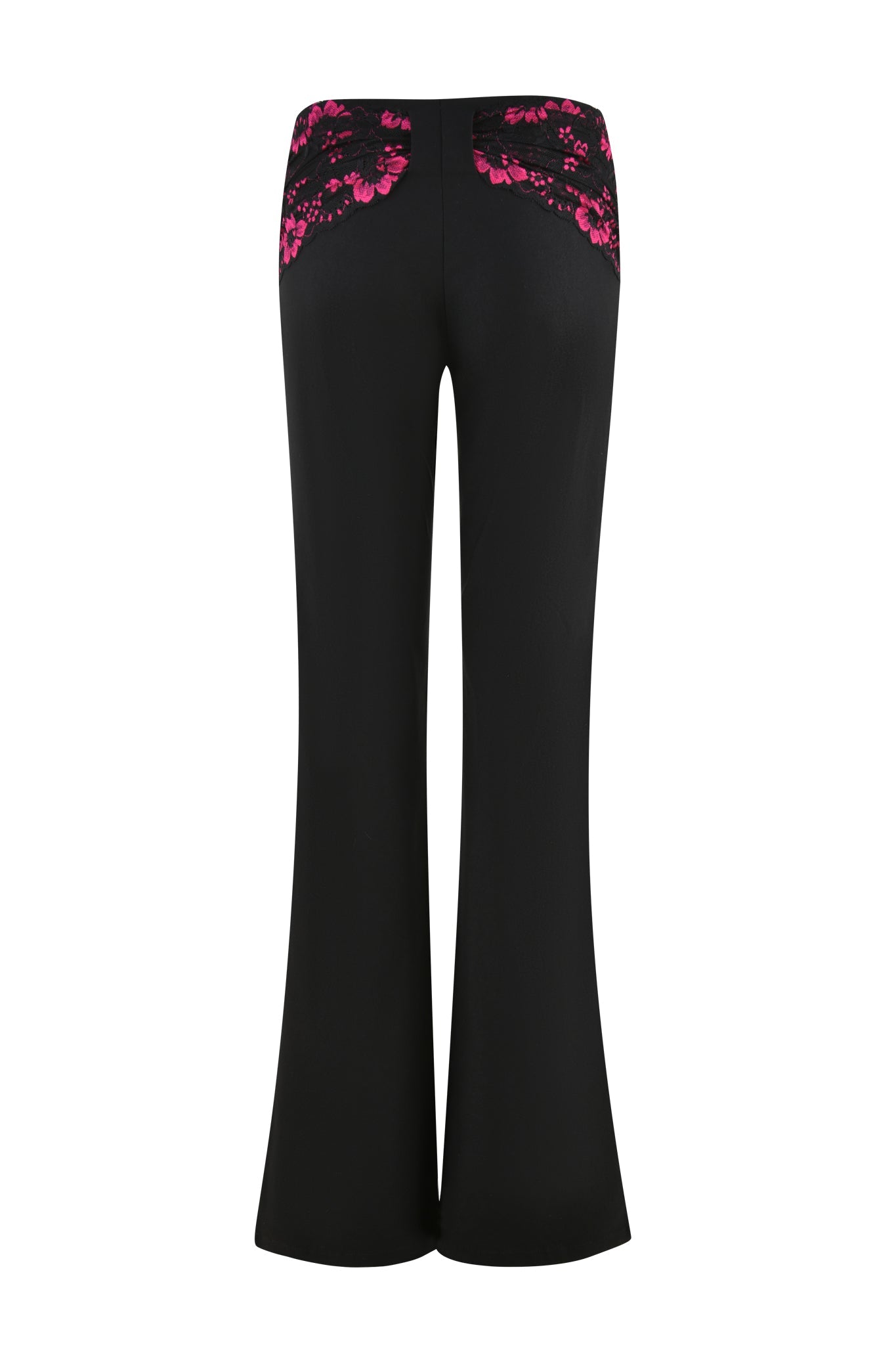 The ANGELINA PANT - BLACK by I.AM.GIA features a low-rise design, flared legs, and intricate pink floral embroidery on the back waist area, shown from the rear view.