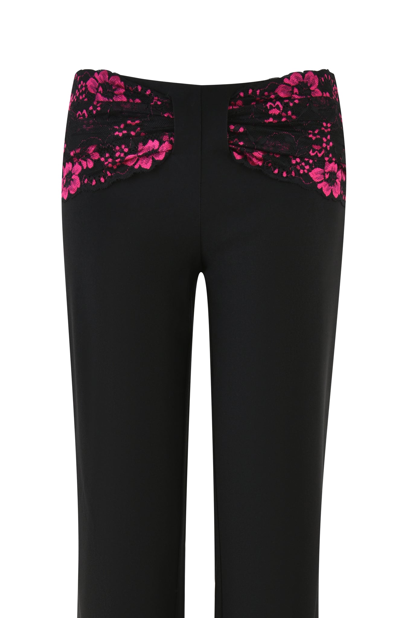 I.AM.GIA's ANGELINA PANT - BLACK features low-rise flared trousers with decorative magenta lace panels on the front pockets.
