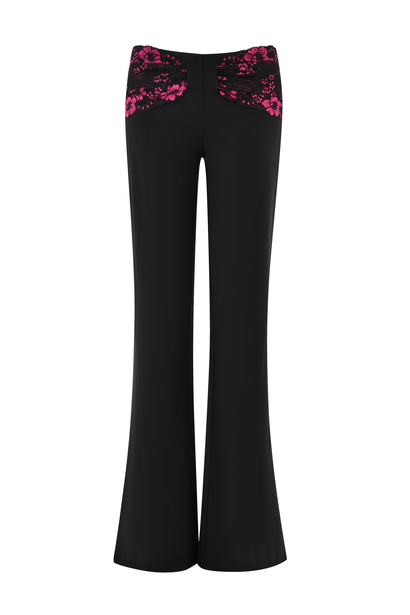 The ANGELINA PANT - BLACK : LACE by I.AM.GIA features a modern twist on elegance and style with black low-rise suit pants, flared legs, and pink floral detailing on the back pockets.
