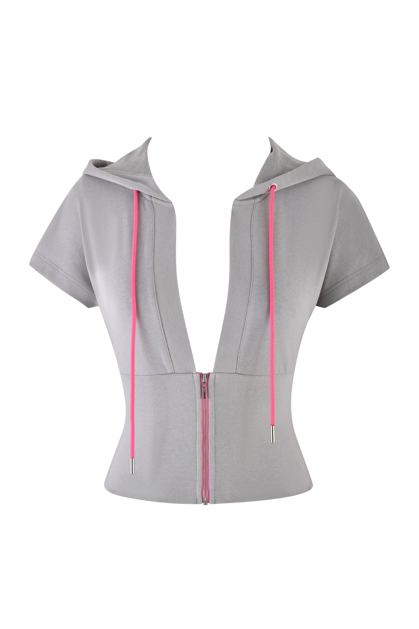 The ARLO TRACK JACKET in grey by I.AM.GIA features short sleeves, a deep V-neck, and neon pink drawstrings. Made from soft French terry, it includes a front vertical zipper for easy wear.