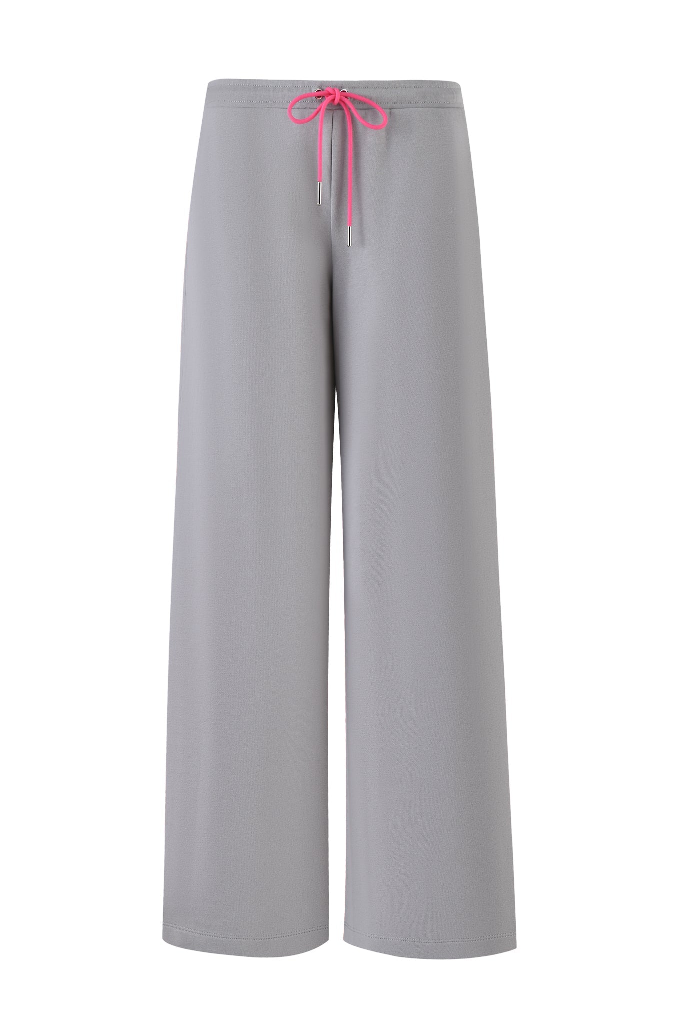 The ARLO TRACK PANT - GREY : PINK by I.AM.GIA showcases stylish wide-leg design with a pink drawstring waist.