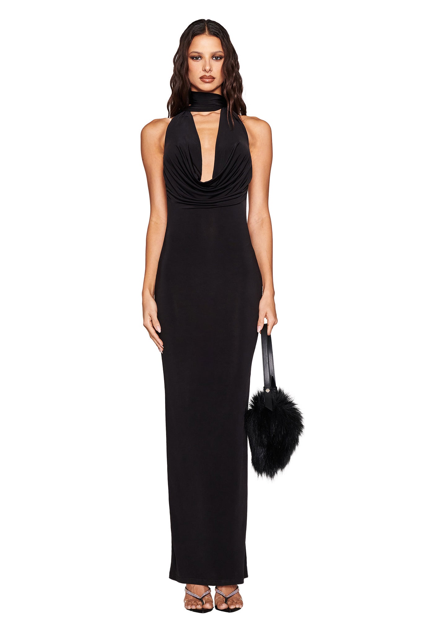 black floor length dress with sleeves Black Chiffon Long Sleeves V-neckline Party Dress, Black Formal Dress