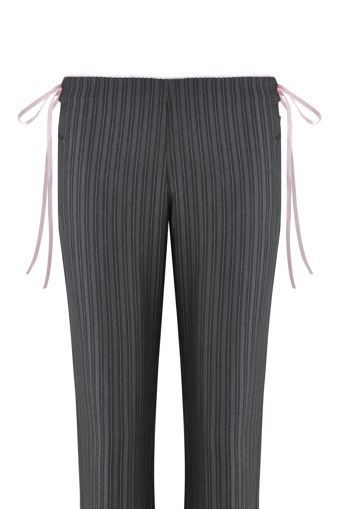 The I.AM.GIA FLORIAN PANT in grey pinstripe features an elastic waistband, pink ribbon side ties, and a stylish flared leg, offering a chic twist on the classic look.