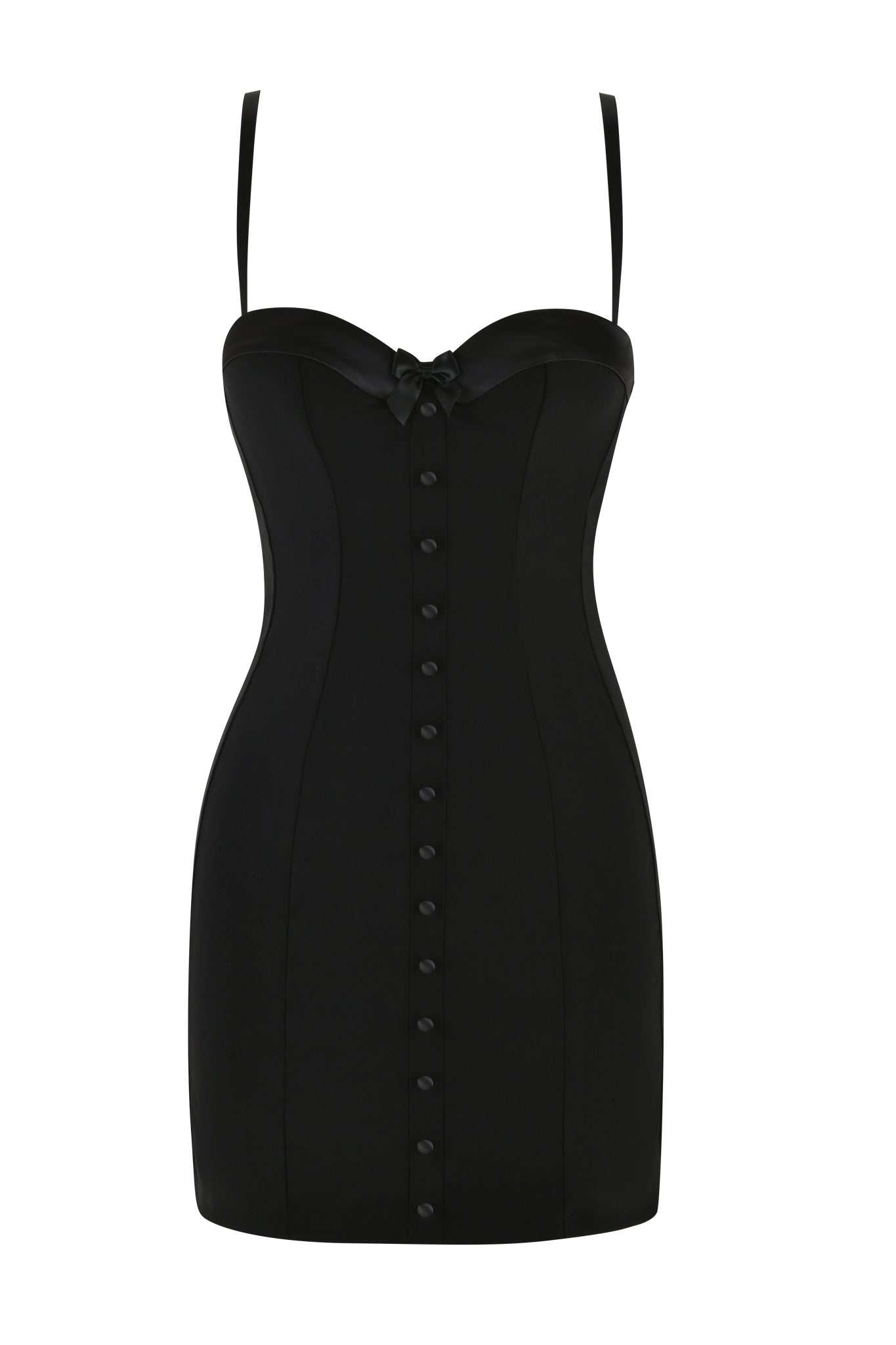 The FRANCESCA MINI DRESS in black by I.AM.GIA is sleeveless with spaghetti straps, a tuxedo-style corset, sweetheart neckline, button detailing down the front, bodycon fit, and is accented with a bow at the center.