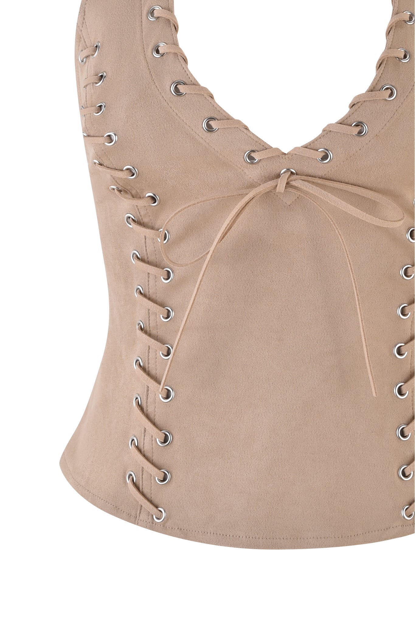 The I.AM.GIA ZEPHYR TOP in beige tan is a sleeveless faux suede corset-style piece with a deep V-neckline, featuring eyelet and lace-up detailing along the front and sides for a bodycon fit, with laces tied in a bow at the center.