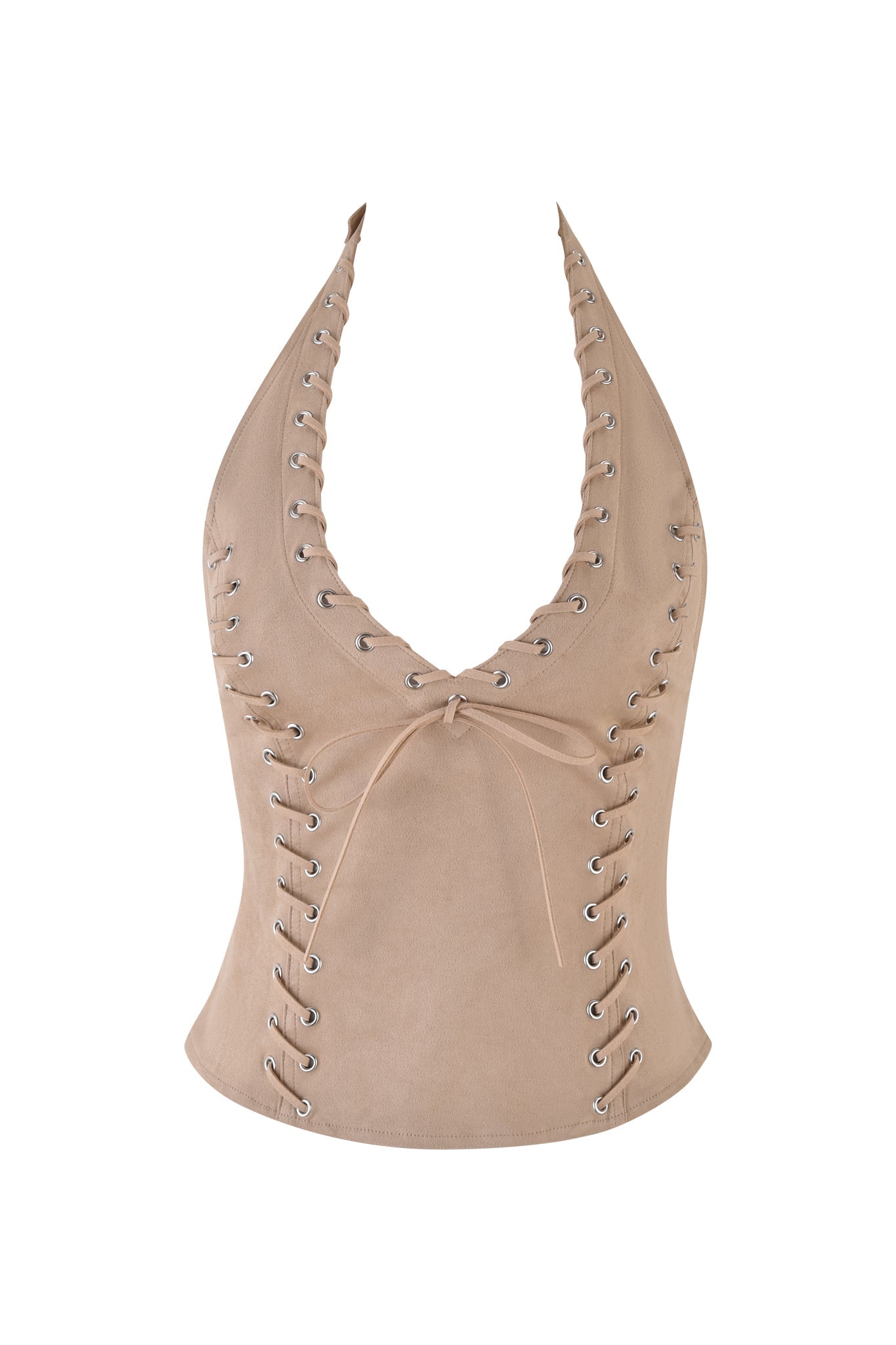 The ZEPHYR TOP by I.AM.GIA features a faux suede design in beige with a plunging neckline, crisscross lacing, and silver grommets along the front and sides. A central bow adds a chic yet daring touch.