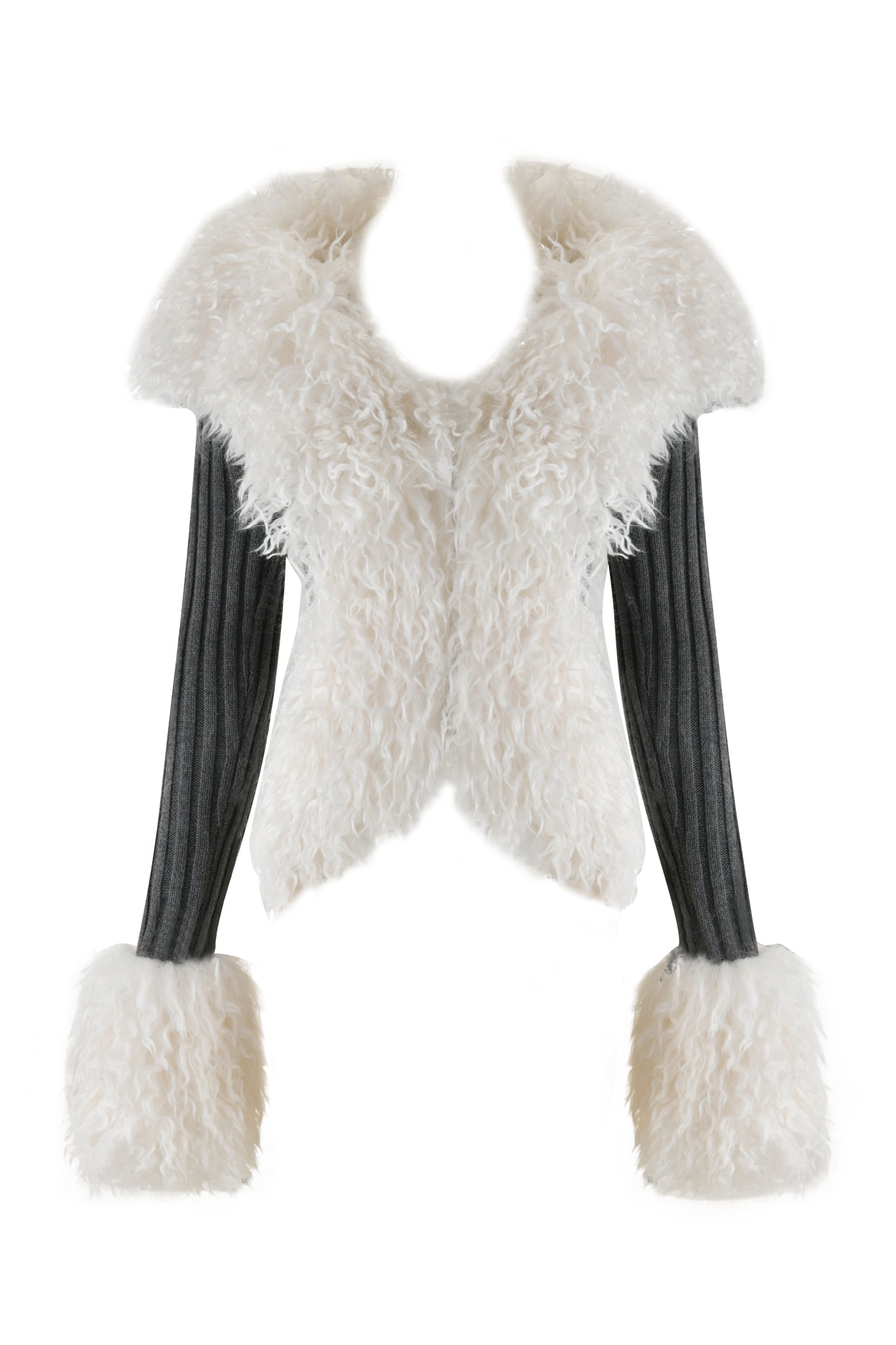 The I.AM.GIA CRESSIDA JACKET in grey features a chic rib knit design with soft faux fur collar and front, long ribbed dark gray sleeves, fluffy white cuffs for contrast, and a double-sided zipper for ease and style.