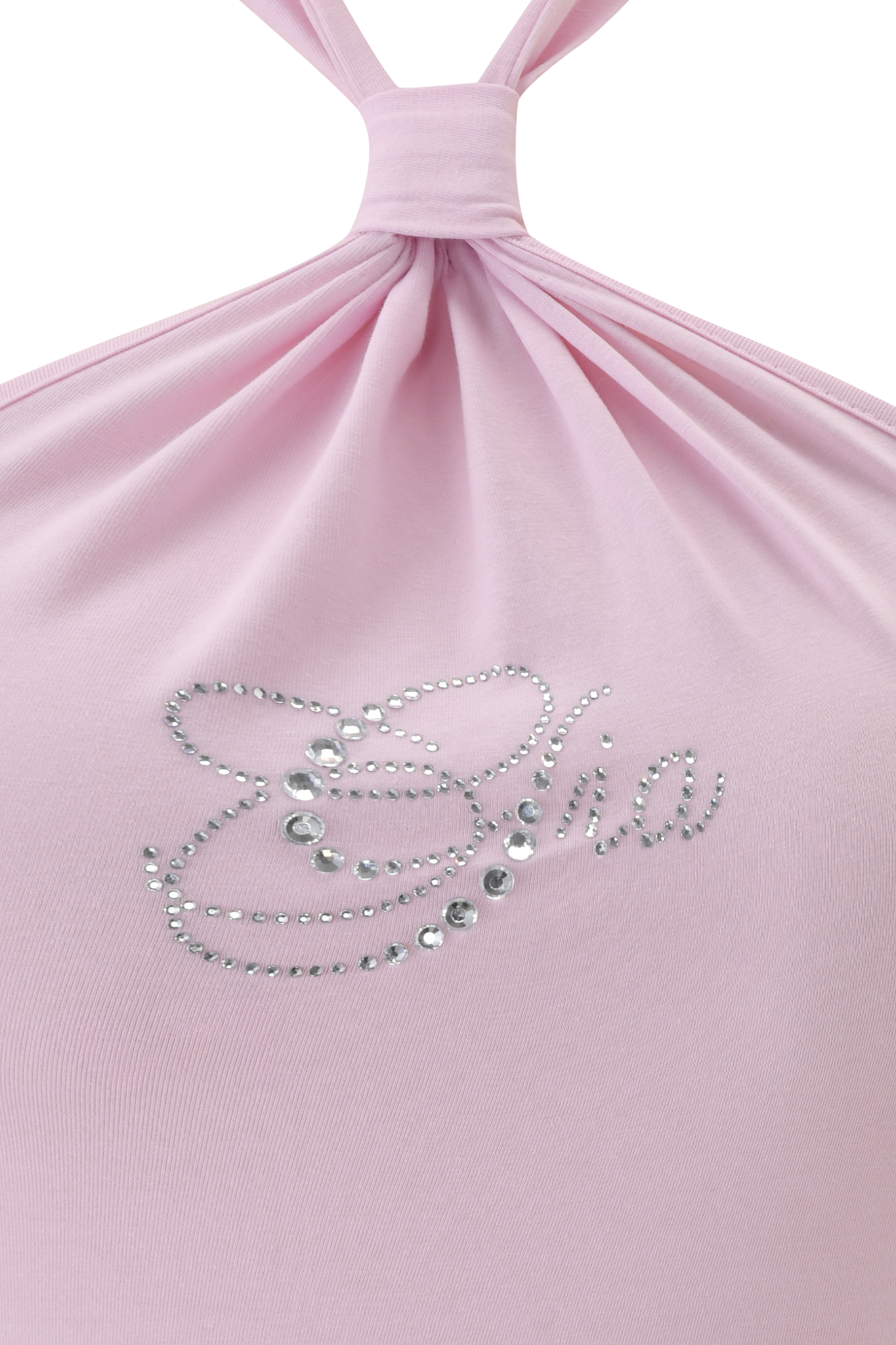 The ROWAN TOP - BABY PINK by I.AM.GIA features light pink bamboo fabric, a top knot detail, and "Eva" in shiny rhinestones for a chic, gently body-con look.