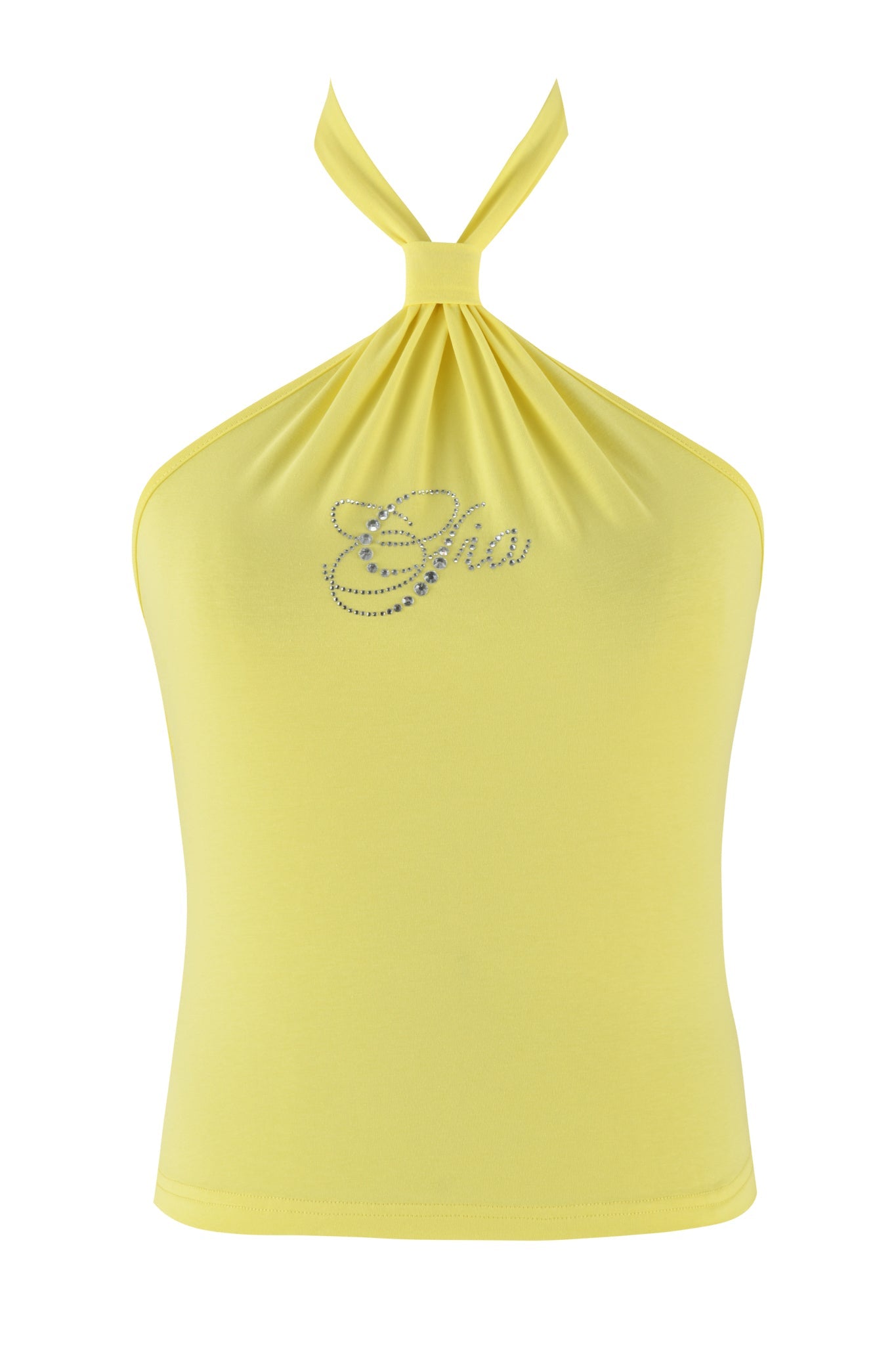 The ROWAN TOP by I.AM.GIA is a baby yellow halter neck top featuring a knotted neckline and "Glow" rhinestone embellishment on bamboo fabric.