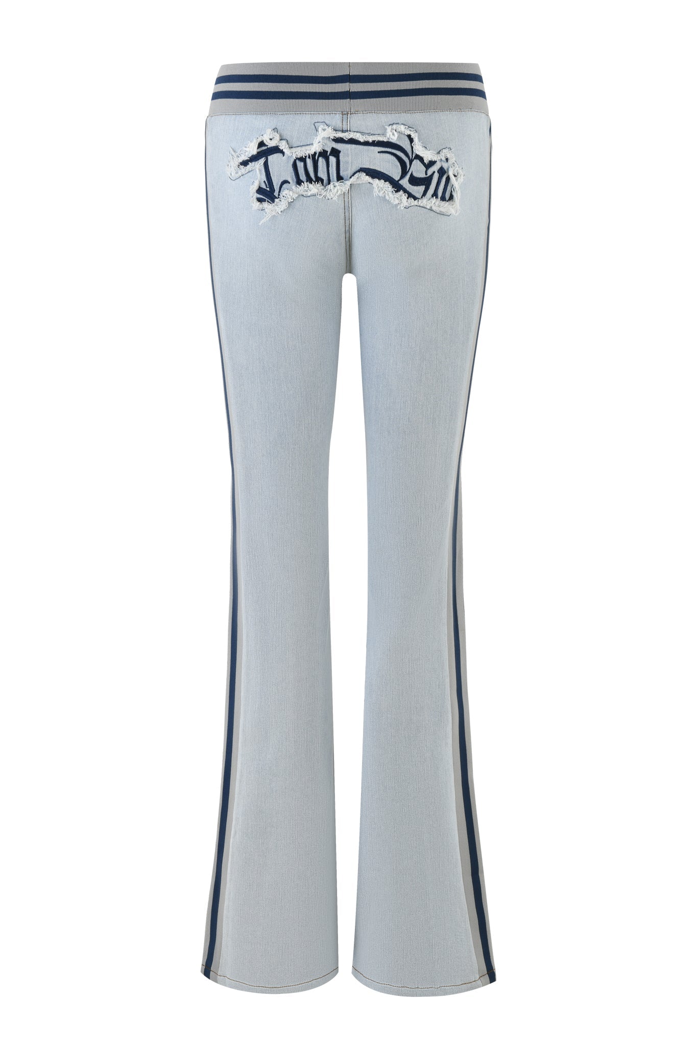 The LENNOX JEAN - BLUE by I.AM.GIA features light wash denim with flared bottoms, dark side stripes, distressed patches on the back, and a dark blue I.AM.GIA logo near the waist.