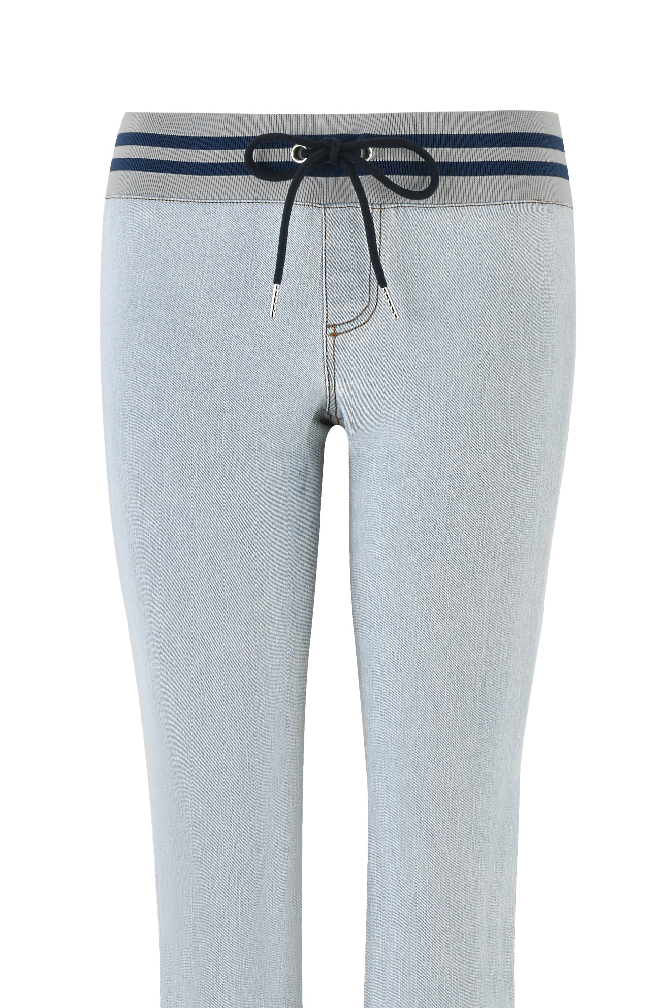 The I.AM.GIA LENNOX JEAN in Denim Blue features light blue jeggings with an elastic waistband, accented by navy stripes and a black drawstring. Designed with a low-rise waist, they offer both comfort and style.
