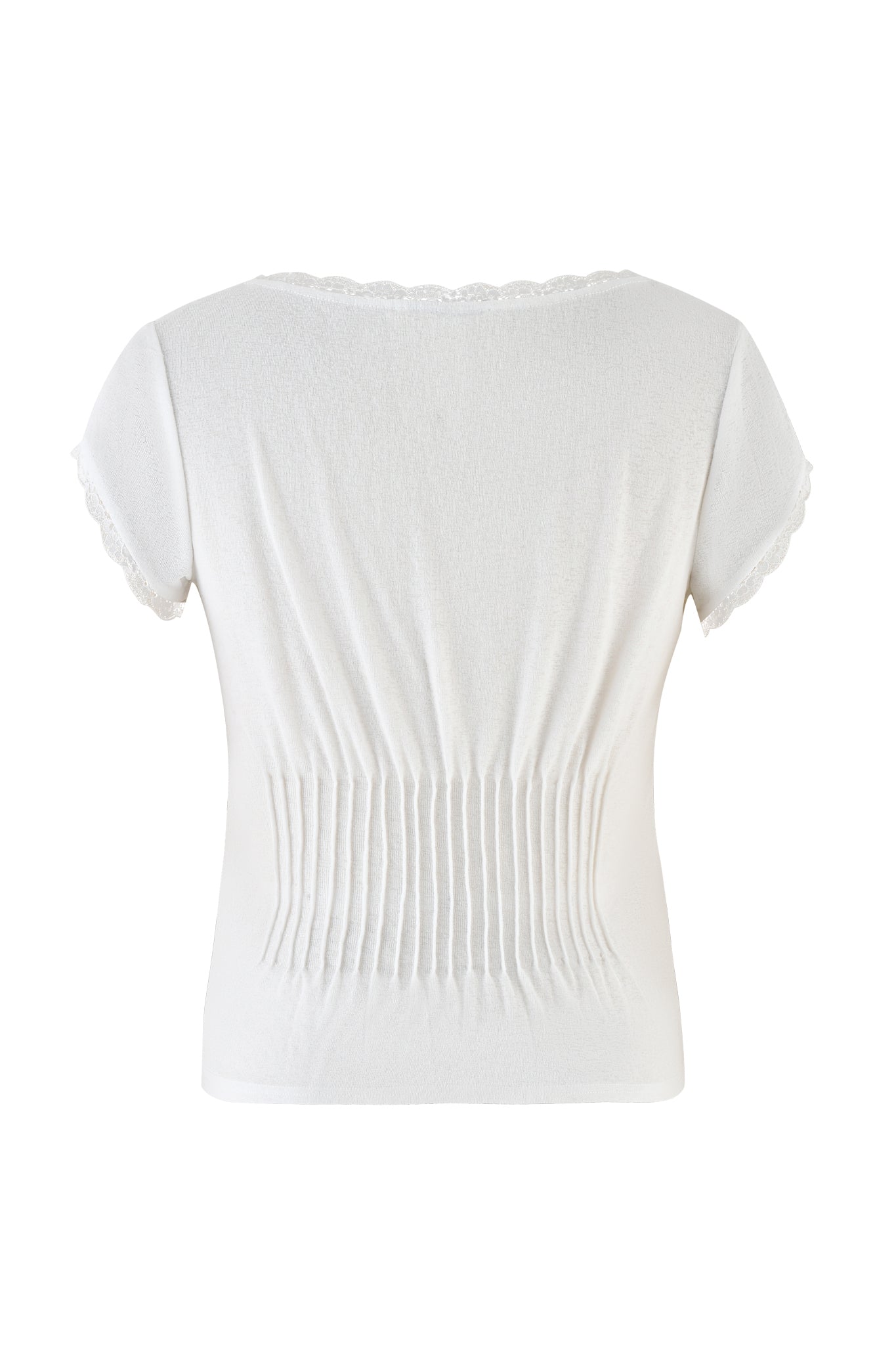 The ECHO TOP - WHITE by I.AM.GIA features short sleeves, a ruched back, delicate lace trim on the sleeves and neckline, and a flouncy hemline. Crafted from soft, slightly stretchy fabric for a fitted look.