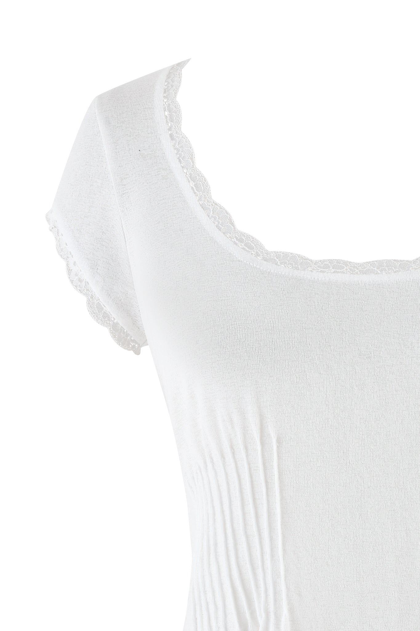 Close-up of the ECHO TOP - WHITE by I.AM.GIA, a semi-sheer ribbed short-sleeve top with lace trim on the neckline and sleeves. The soft, stretchy fabric enhances its delicate charm, shown in the image against a plain background.
