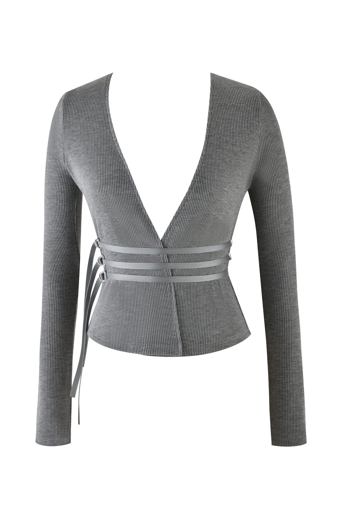 The TESSA TOP in heather grey by I.AM.GIA features a deep V-neck and ribbed fabric, styled with a decorative strapped waist belt for a modern yet practical look.