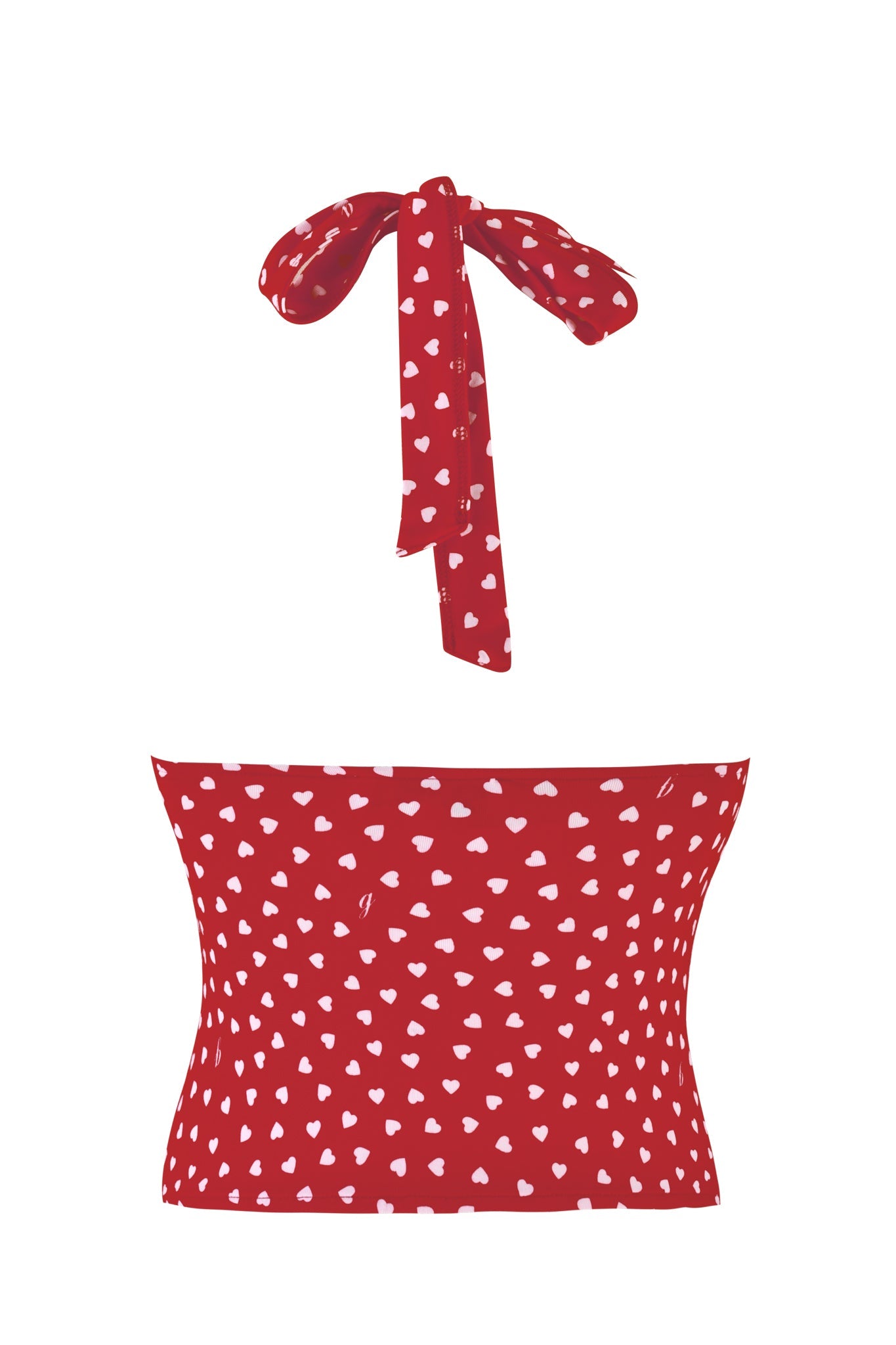 The KAYA TOP - RED: RED HEARTBEAT by I.AM.GIA is a red, bodycon halter top featuring a heart print and includes a matching neck tie.