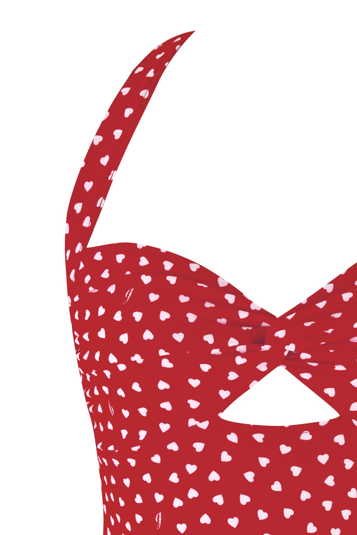Illustration of the KAYA TOP - RED HEARTBEAT by I.AM.GIA; a sleeveless red top with white heart patterns, featuring a front knotted twist and thin shoulder straps, hinting at a bodycon fit. The background is plain white.