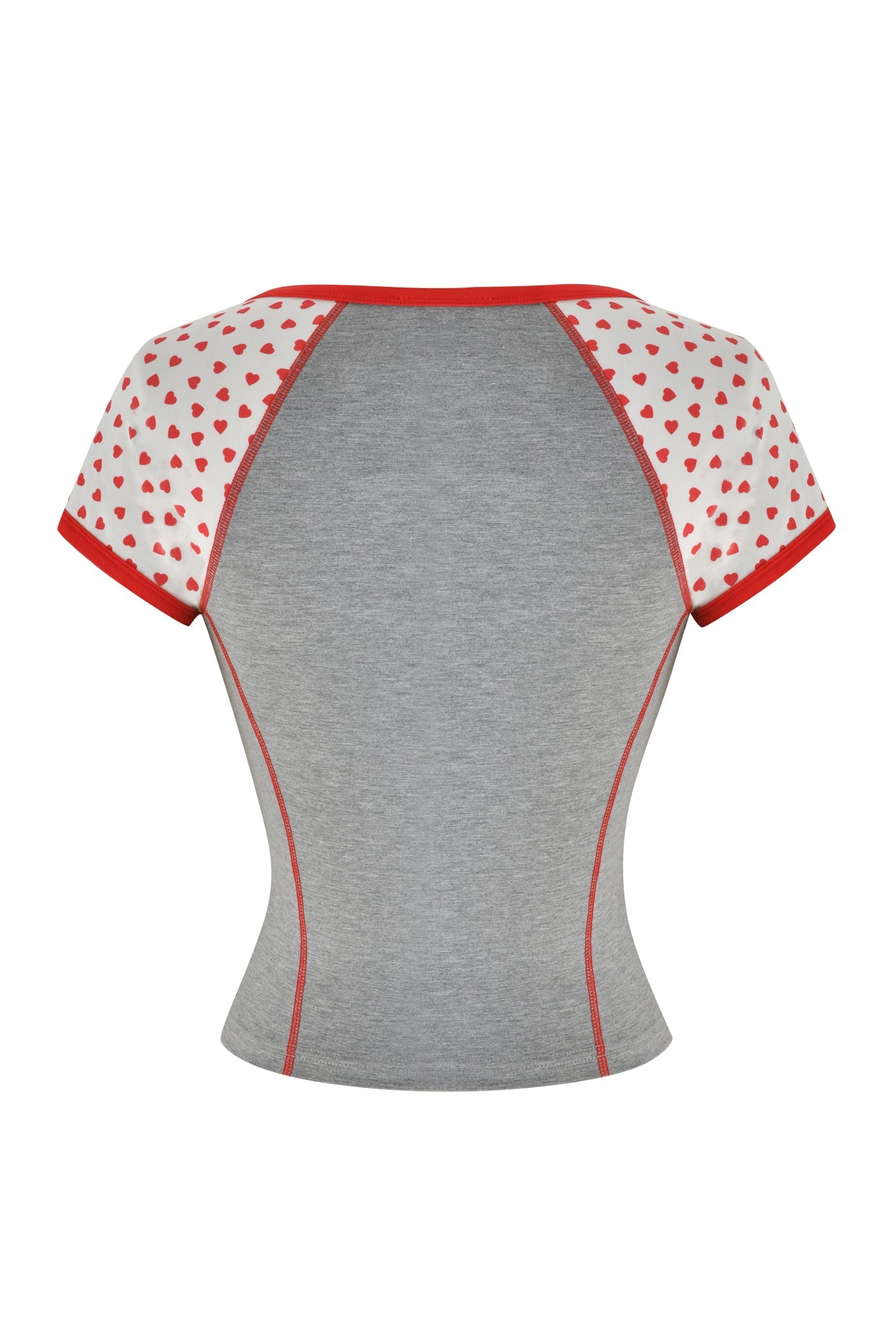 The ASHTIN TOP by I.AM.GIA in Heather Grey has red trim and grey raglan sleeves with a custom GIA heart print in white and red. Its bodycon fit provides a tailored, sporty look.