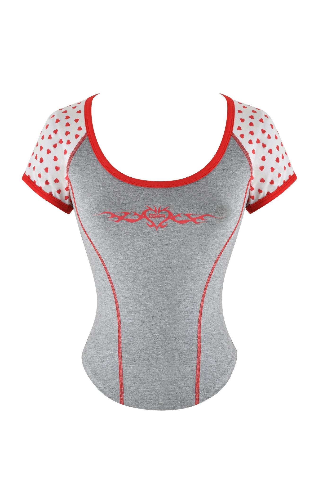 The ASHTIN TOP by I.AM.GIA in Heather Grey is a bodycon raglan ringer tee with red trim and a front graphic. It has a rounded neckline, curved hemline, and white sleeves featuring the custom GIA heart print with small red hearts.