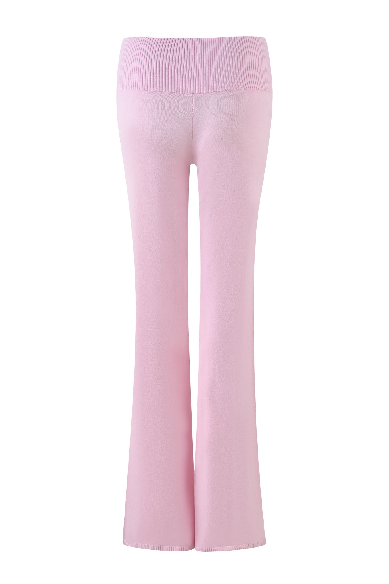 The MORGANA PANT - PINK by I.AM.GIA are baby pink flare pants made from ultra-soft knit fabric, showcasing a high waist and flared legs, elegantly displayed from the back on a white background.