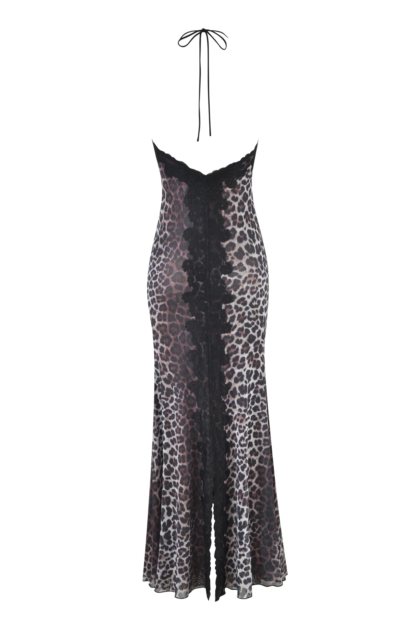 The HAVEN MAXI DRESS - CLASSIC LEOPARD by I.AM.GIA is a halter-neck, floor-length mermaid dress with black lace at the neckline and a lace center panel, finished with a subtle flare at the hem for graceful movement.
