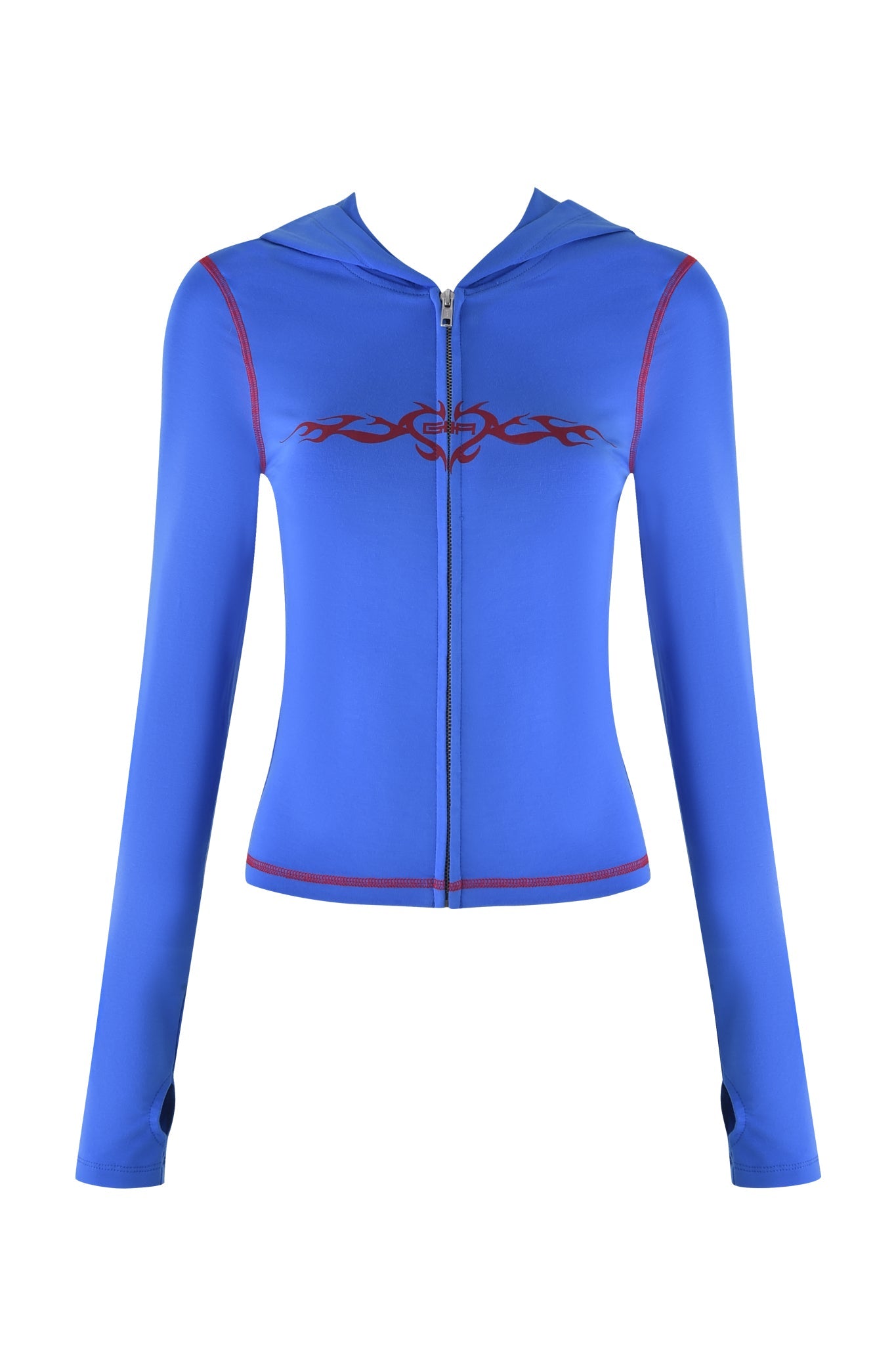 Introducing the BLARE HOODIE - BLUE by I.AM.GIA, a royal blue zip-up featuring long sleeves with thumb holes and a bold red tribal chest design, blending style and functionality.