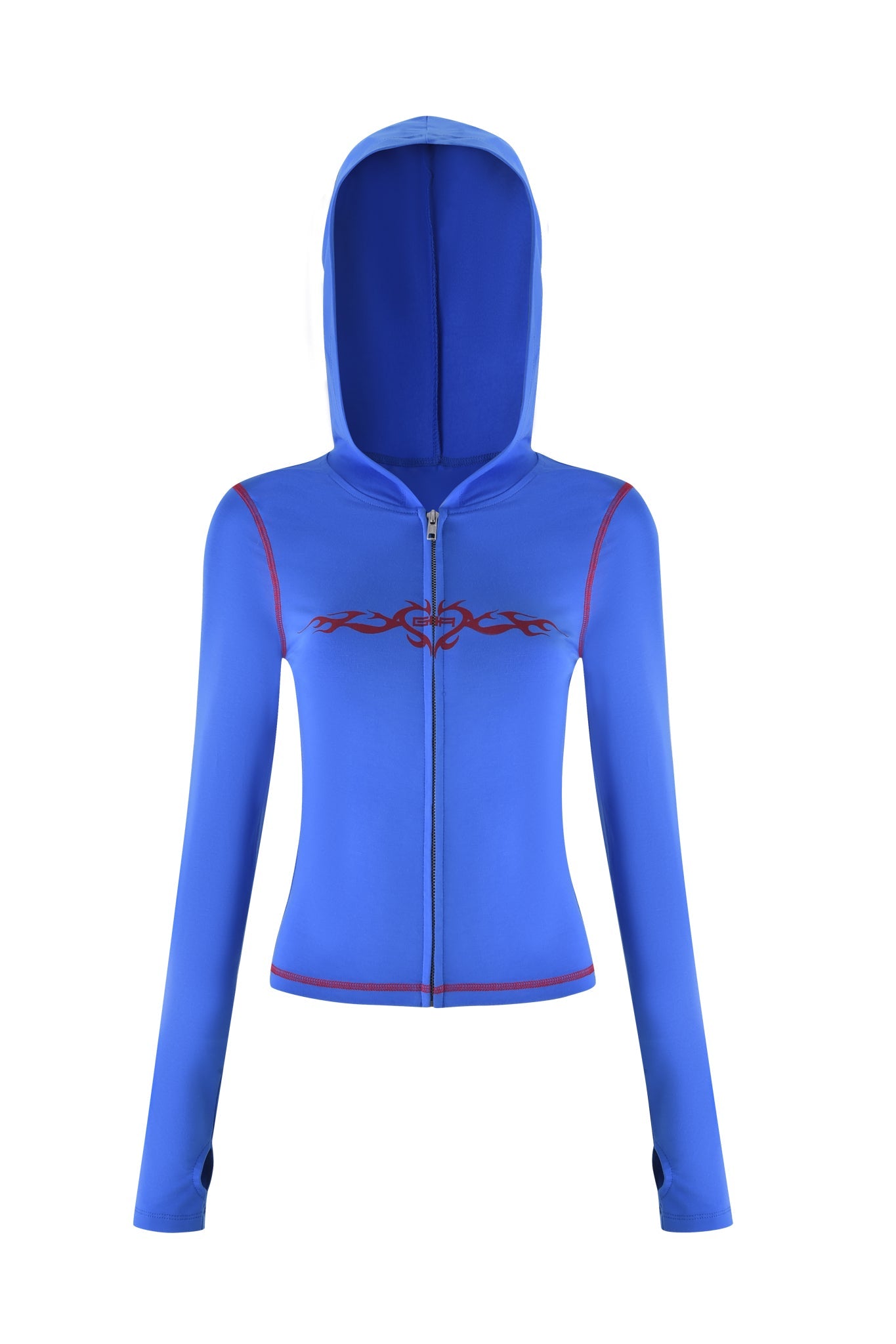 The I.AM.GIA BLARE HOODIE - BLUE in Royal Blue boasts a vivid red tribal pattern across the chest, featuring the GIA Flame logo. It includes a hood, red seam piping, and sleeves with thumb holes for added flair.