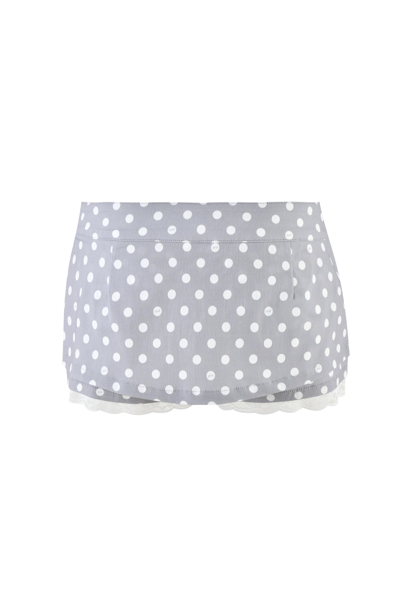 The I.AM.GIA MELDA MINI SKORT - GREY with white polka dots has a scalloped hem and is crafted from soft, lightweight fabric, ideal for casual wear.
