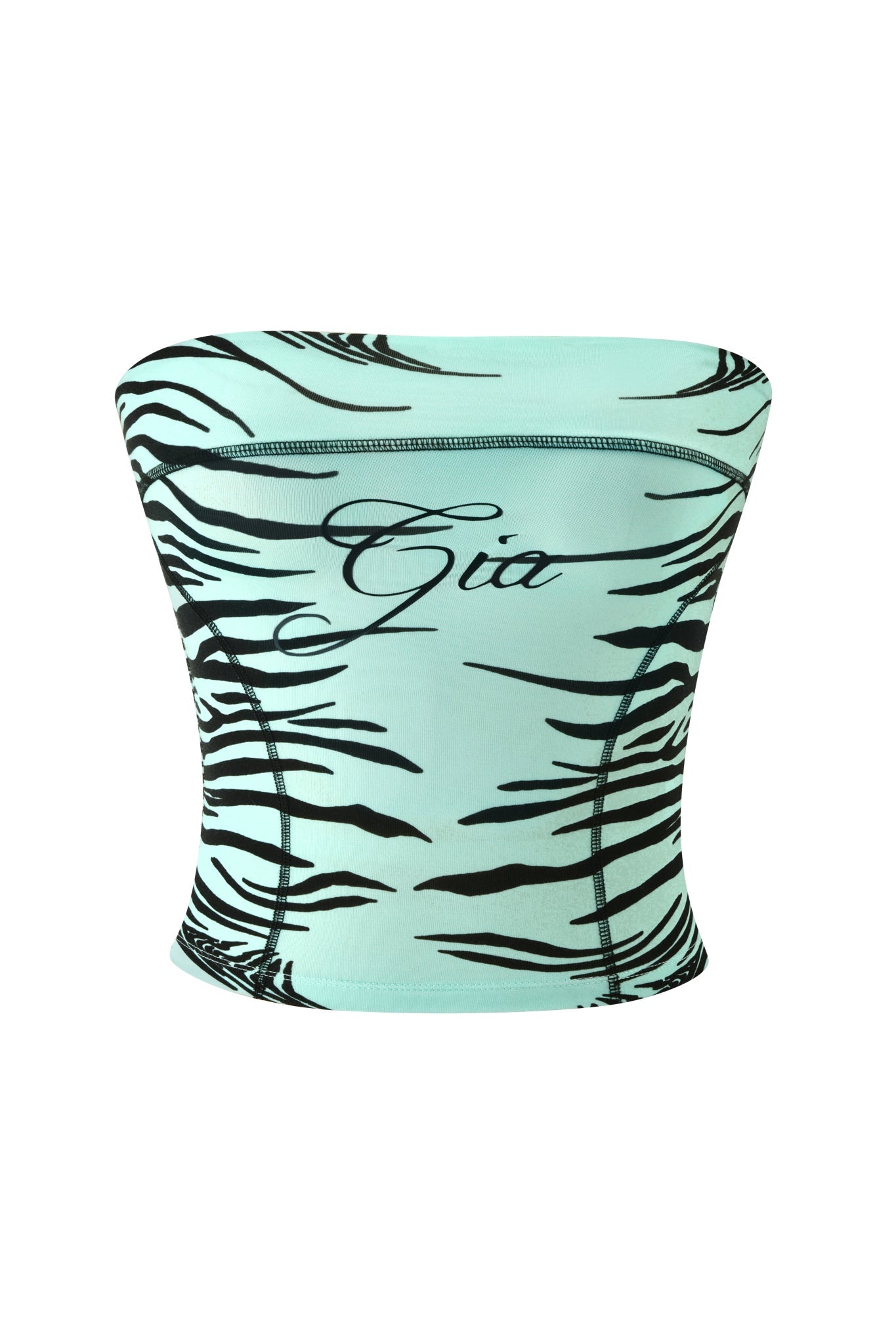 An aqua fine line zebra print boob tube by I.AM.GIA, featuring black stripes and “Gia” in script across the chest, shown on a white background.