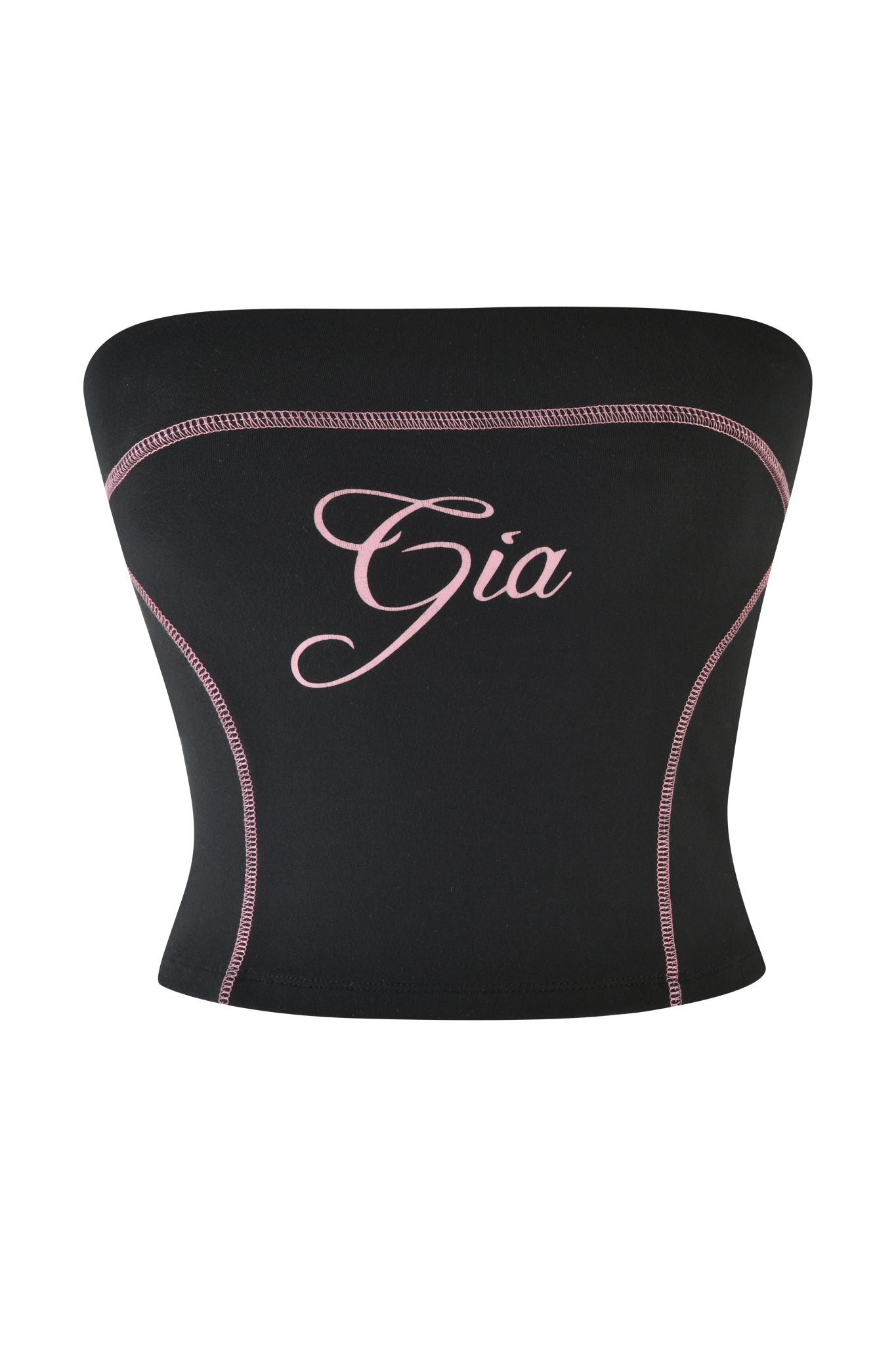 The BLARE BOOB TUBE - BLACK by I.AM.GIA is a black strapless top with sporty seams and pink-stitched I.AM.GIA logo. It features "Gia" in cursive on the front for a stylish touch.