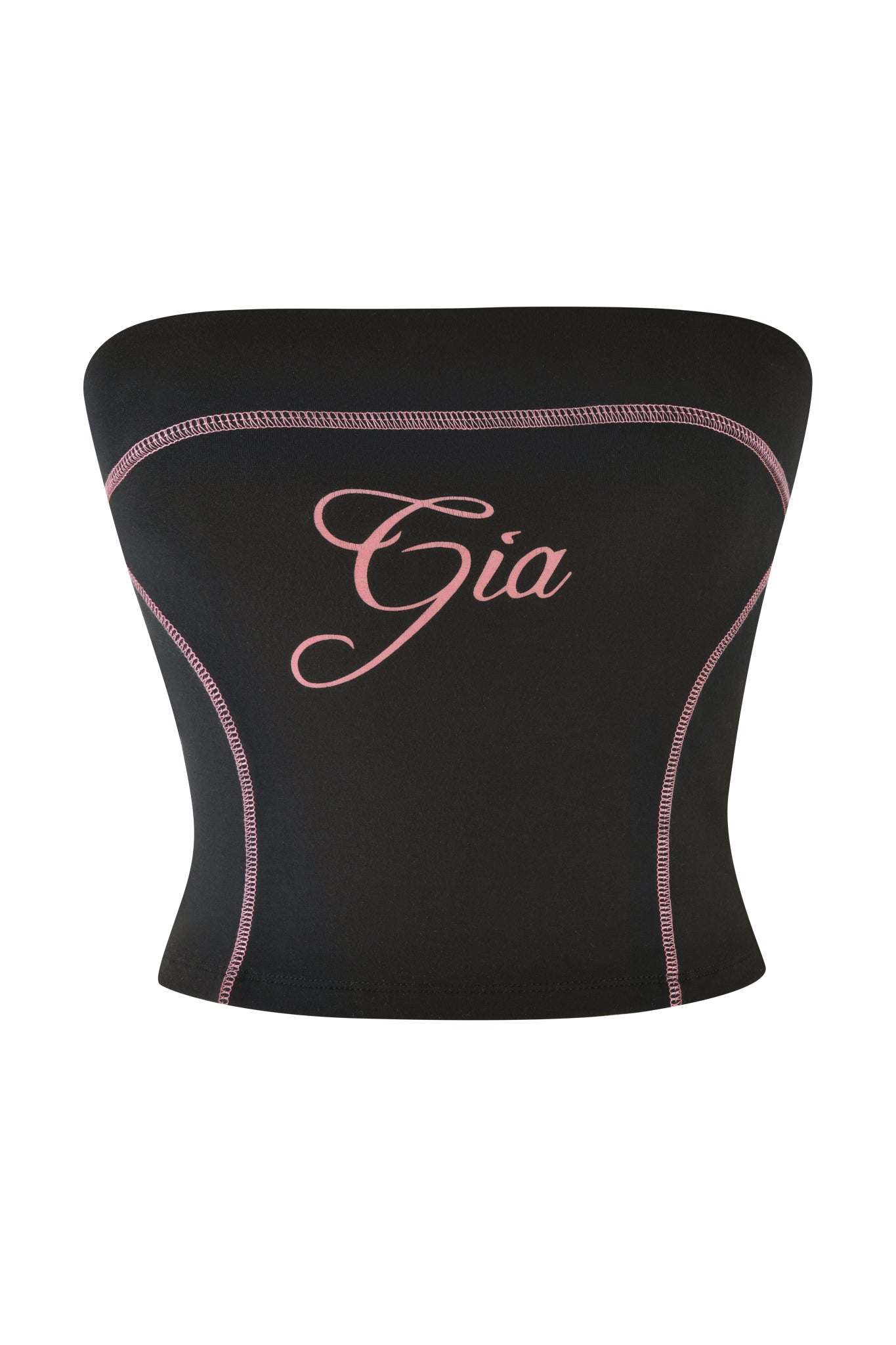The BLARE BOOB TUBE - BLACK by I.AM.GIA is a black strapless crop top featuring pink stitching and the name “Gia” in bold, cursive pink lettering across the chest. Made from soft bamboo fabric, this sporty tube top stands out against a plain white background.