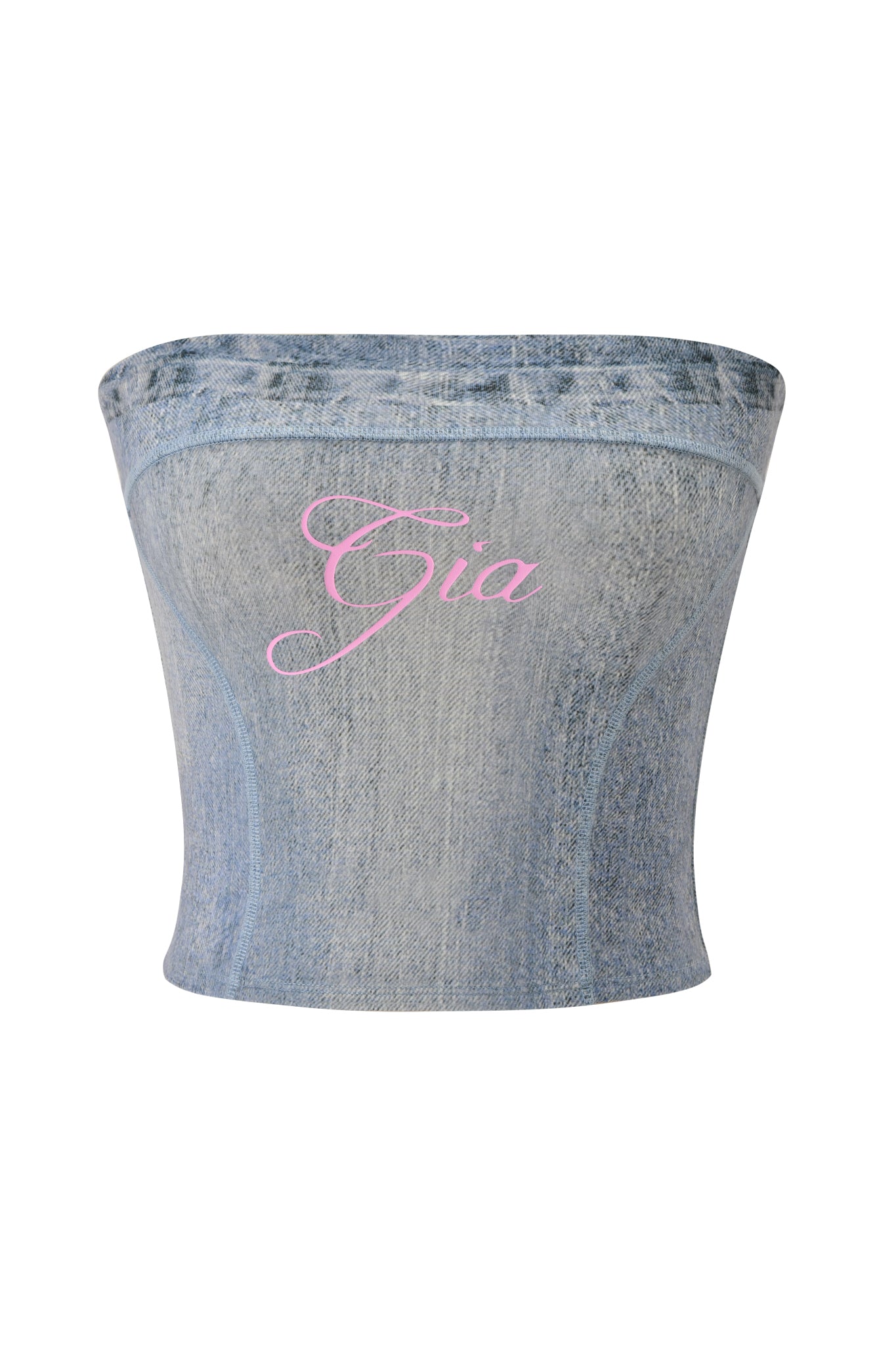 The BLARE BOOB TUBE - DENIM TROMPE L'OEIL by I.AM.GIA is a light blue denim corset crop top with "Gia" in pink cursive on the front, combining a classic bodycon silhouette with a modern edge.