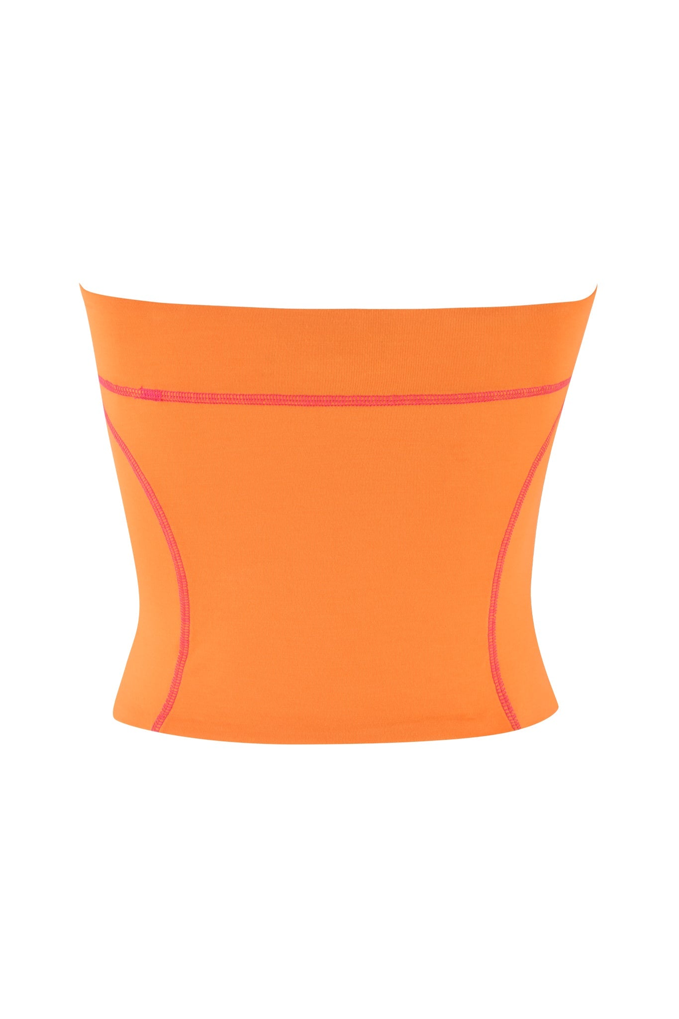 Meet the BLARE BOOB TUBE by I.AM.GIA, showcasing an orange hue with sporty princess seams for a sleek, fitted look. Crafted from smooth, stretchy fabric for a snug fit and stylishly displayed on a plain white background.