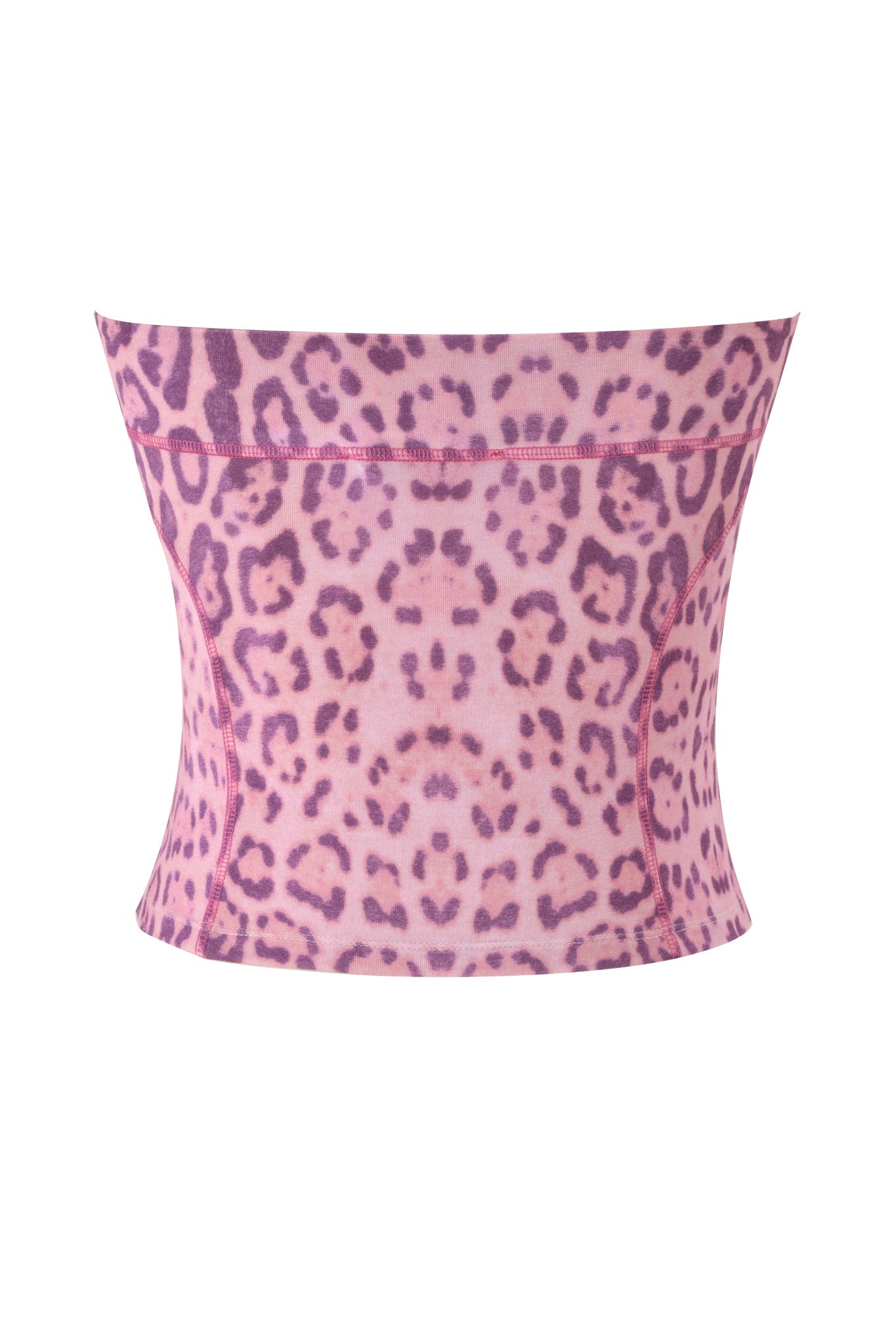 The BLARE BOOB TUBE - PINK PANTHERA by I.AM.GIA features pink and purple leopard spots on a crisp white background, styled in a subtle hourglass shape for a bold statement.