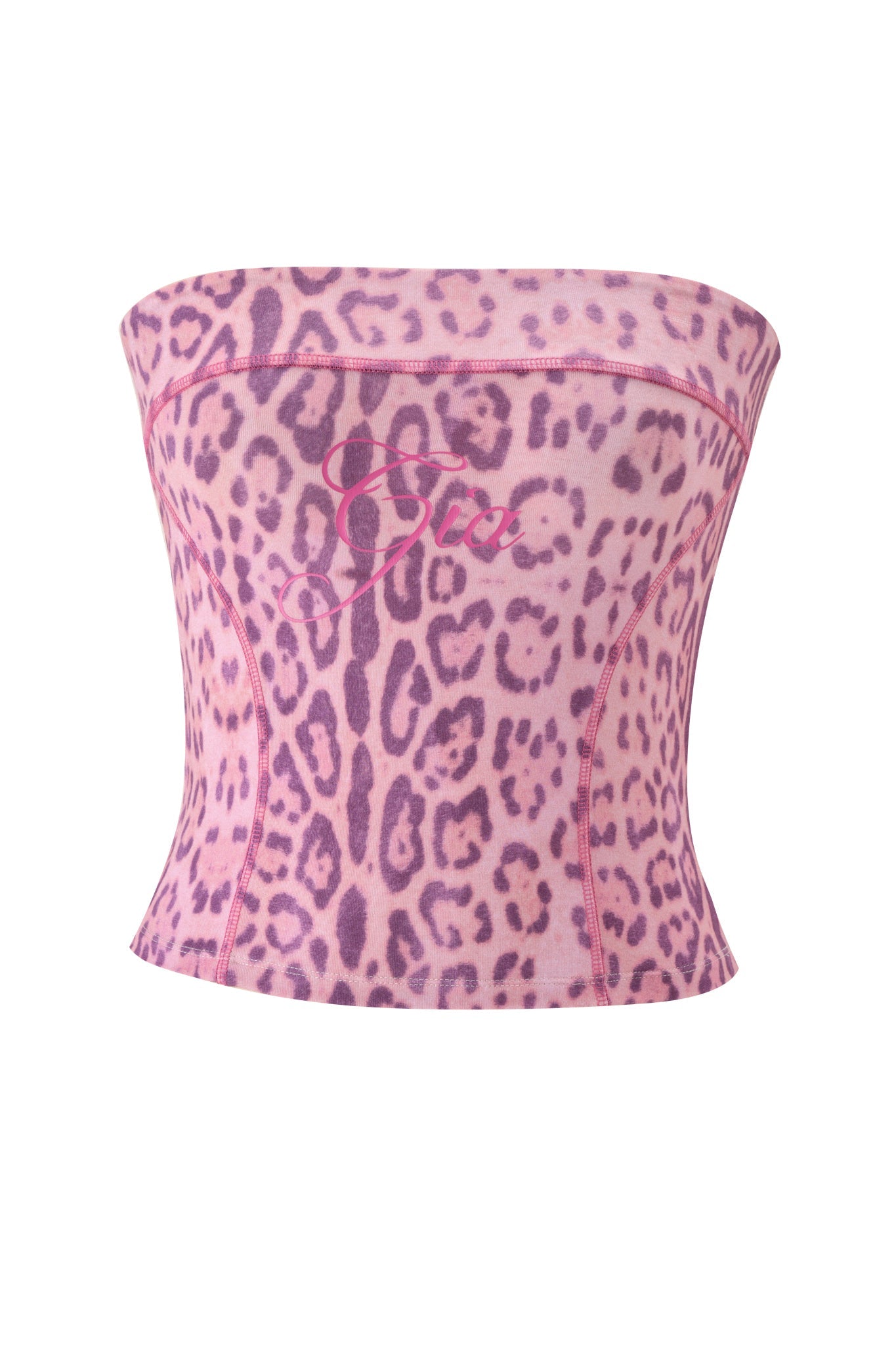 The I.AM.GIA BLARE BOOB TUBE in Pink Panthera features a strapless, corset-style fit with visible stitching and "Sex" script on the front, shown against a white background.