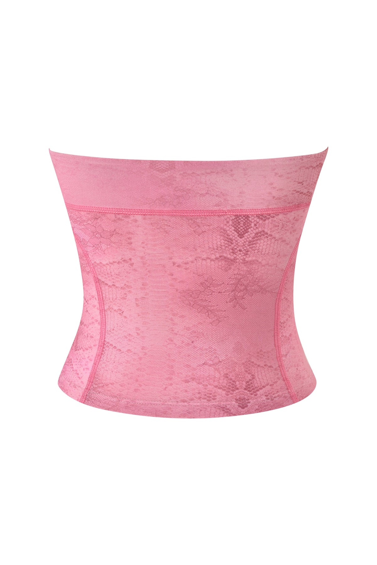 Wearing the I.AM.GIA BLARE BOOB TUBE in Light Pink Serpentine, a high-waisted shapewear piece featuring a subtle snake print and delicate lace pattern, is showcased from the back against a white background.