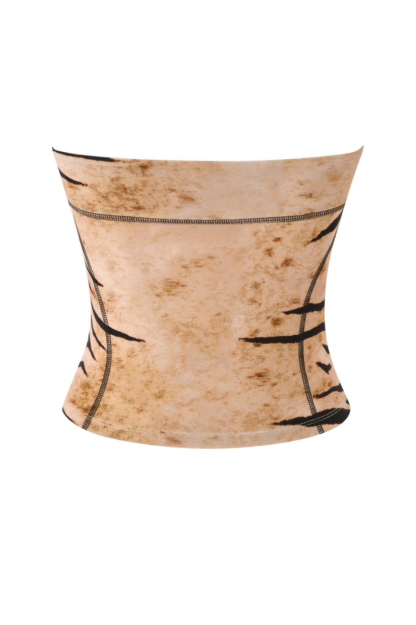 A beige, form-fitting BLARE BOOB TUBE - WILD SIDE by I.AM.GIA, featuring brown and black abstract zebra-inspired markings and sporty princess seams with stitch detailing, displayed against a white background.