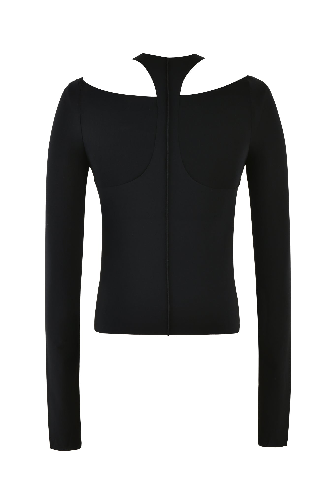 The I.AM.GIA NERINA LONG SLEEVE TOP - BLACK showcases a bodycon fit with a stylish open shoulder design and back zipper, elegantly displayed against a white background.